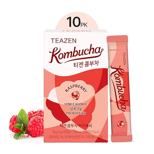 TEAZEN Té de frambuesa y kombucha, sin azúcar, bebida espumosa fermentada en polvo de Corea, probióticos vivos y prebióticos, 10 barritas, 1.76