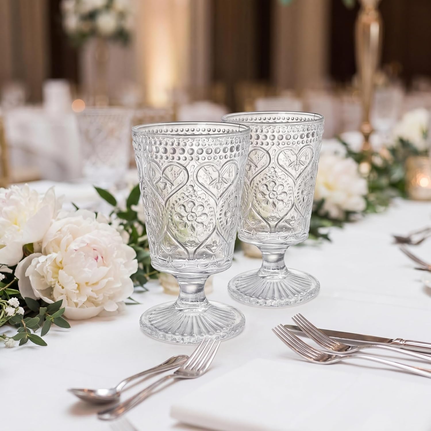 ZAVOOS Set of 6 Clear Glass Goblet, 12 Oz Vintage Romantic Wine Glasses, Embossed Floral Glass Cups Set, Bar Tumbler Drinking Glassware for Iced Tea, Wine, Beer, Juice, Cocktail, Whiskey