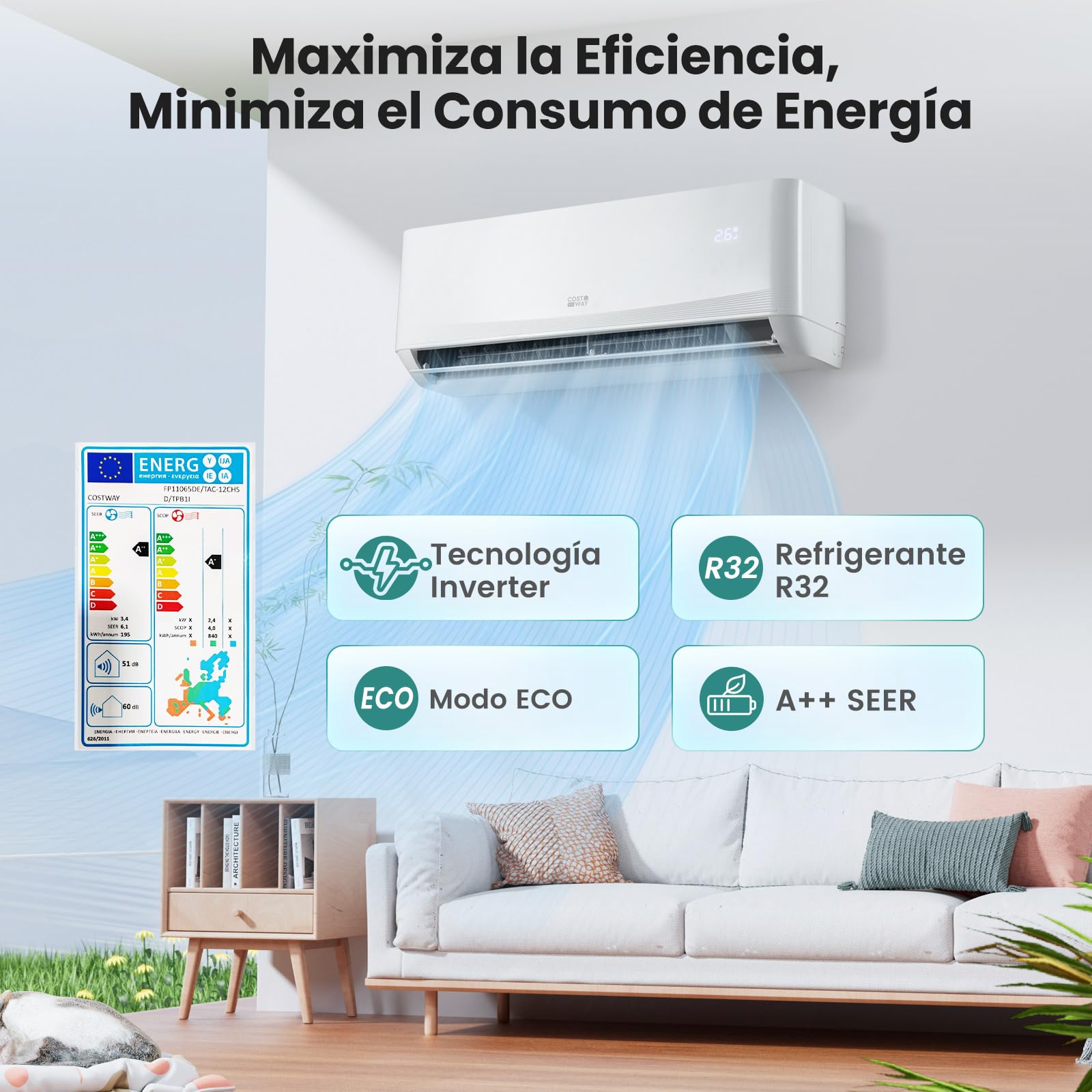COSTWAY Aire Acondicionado Split, 3,4 kW,Aire Acondicionado Inverter con Calefacción con Bomba de Calor,Refrigerante: R32,Calefactor y Refrigerador con Kit de Montaje para Habitación 70m³(12000BTU)