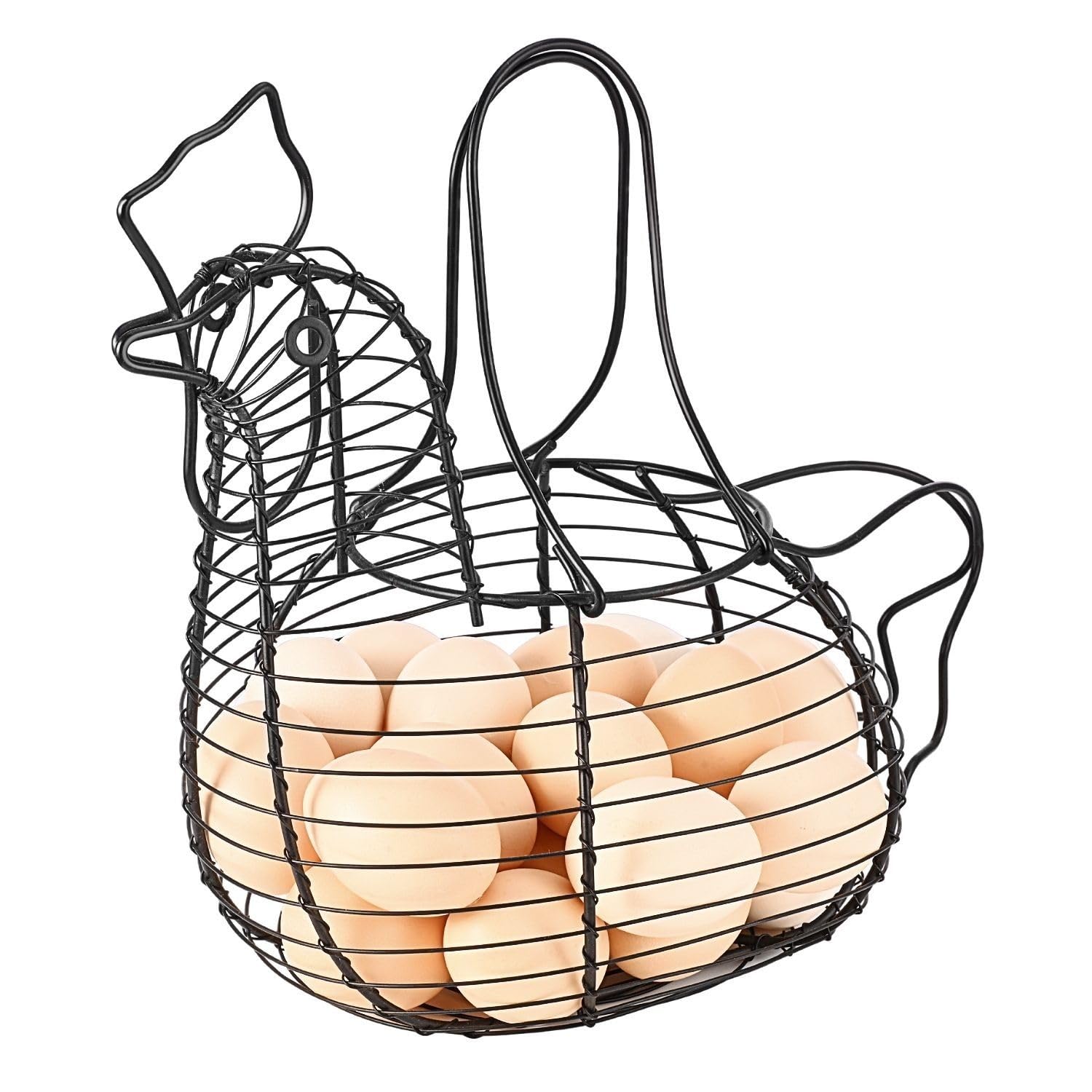 Flexzion Black Chicken Egg Basket For Collecting Eggs, Spring Wire Egg Collecting Basket With Handle, 24-Egg Capacity Hen Storage Holder For Farmhouse Kitchen Counter, Fruits, Vegetables & Decor