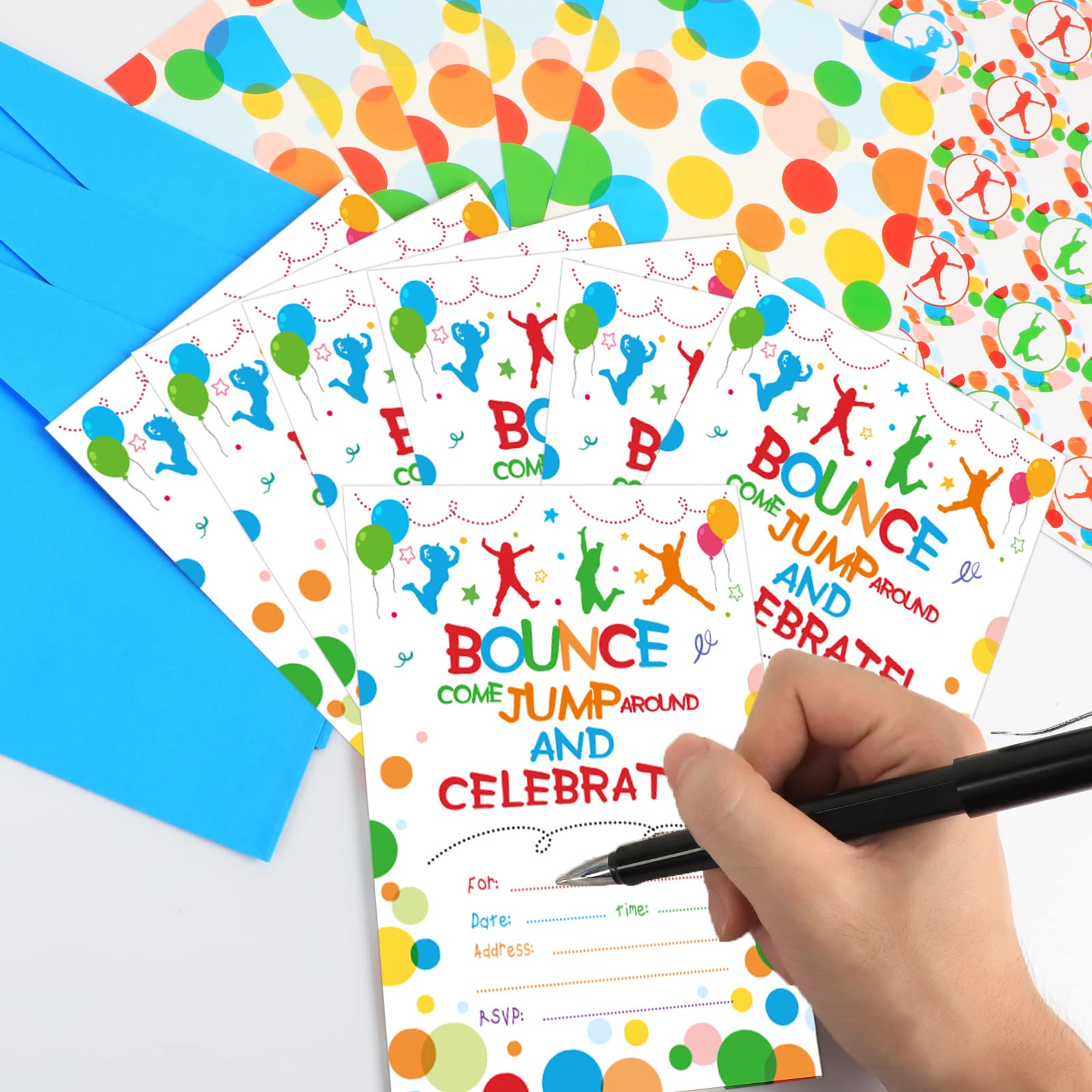 30 Pack Bounce House or Jumping Birthday Party Invitation Jump Bounce House Party Invitation Cards, 30 Trampoline Sticker Labels with 30 Envelopes Bounce House Party Decorations Supplies for Boys