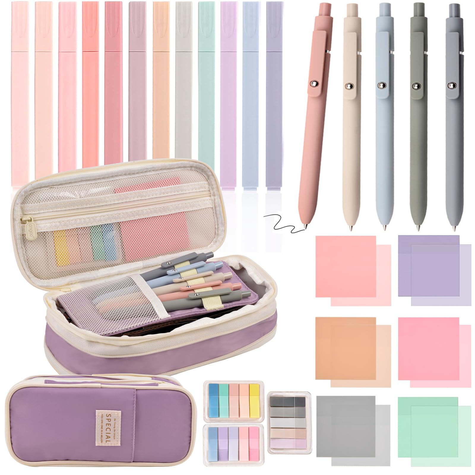 Aesthetic School Supplies with Pencil Pouch - 27Pcs Cute College Essentials Set, Big Capacity Pen Case, Pastel Highlighters, Bible Study Journaling