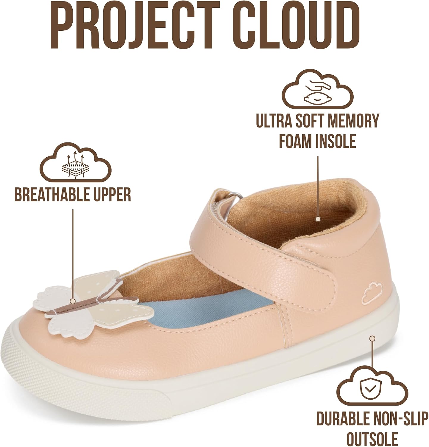 Project Cloud Toddler Shoes - Memory Foam Insole Kids Shoes for Girls, Hook-and-Loop - Mary Jane Sneakers with Terry Cloth Lining, Non-Slip Outsole