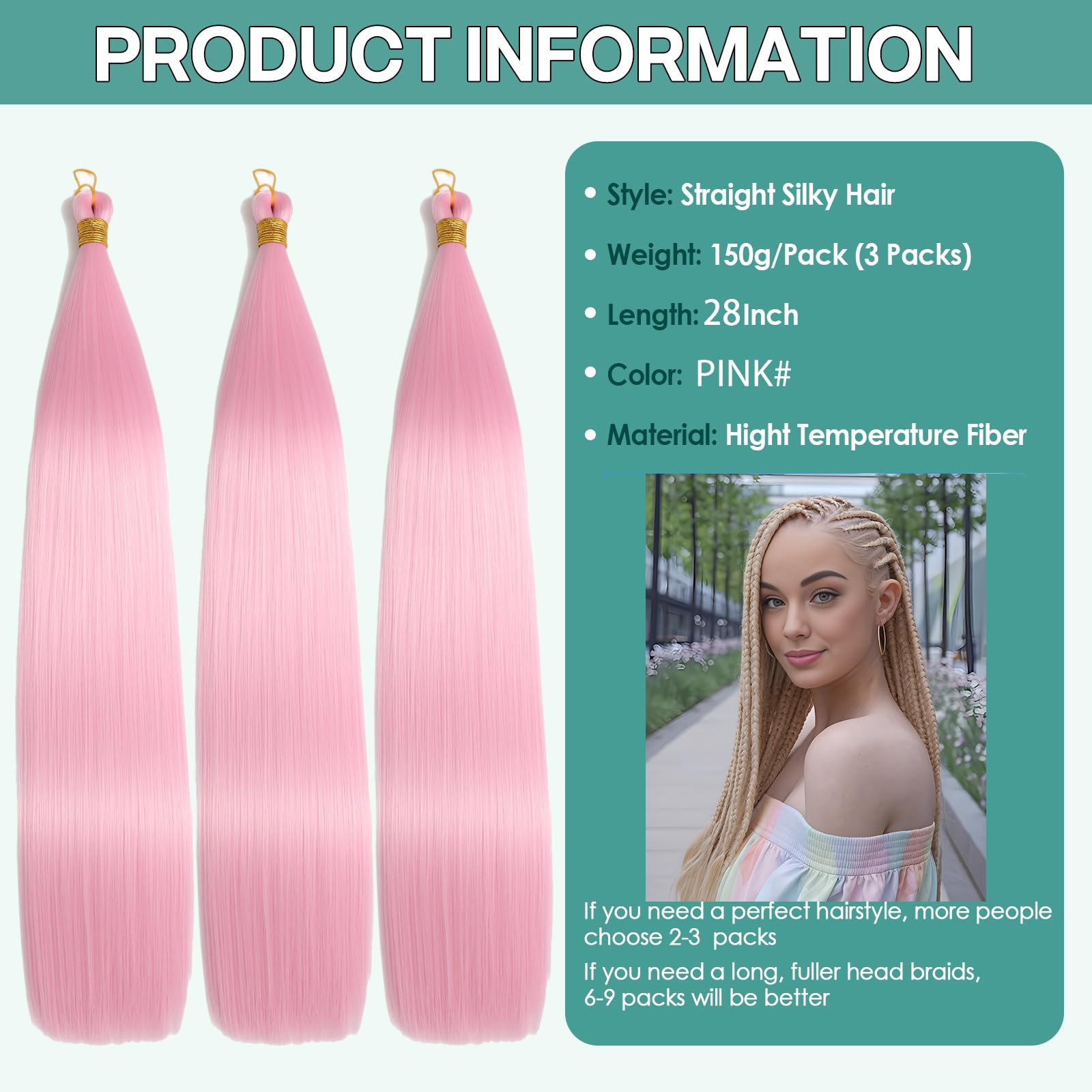 Locescsoc 28 Inch Straight Hair Extensions 150g 3 Packs Bone Straight Braiding Hair - Image 2