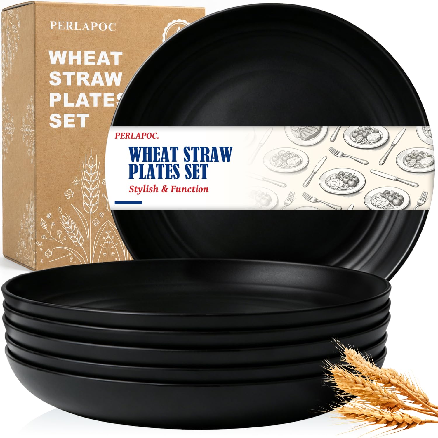 Large Wheat Straw Plates of 6, 11In Reusable Camping Plates, Black