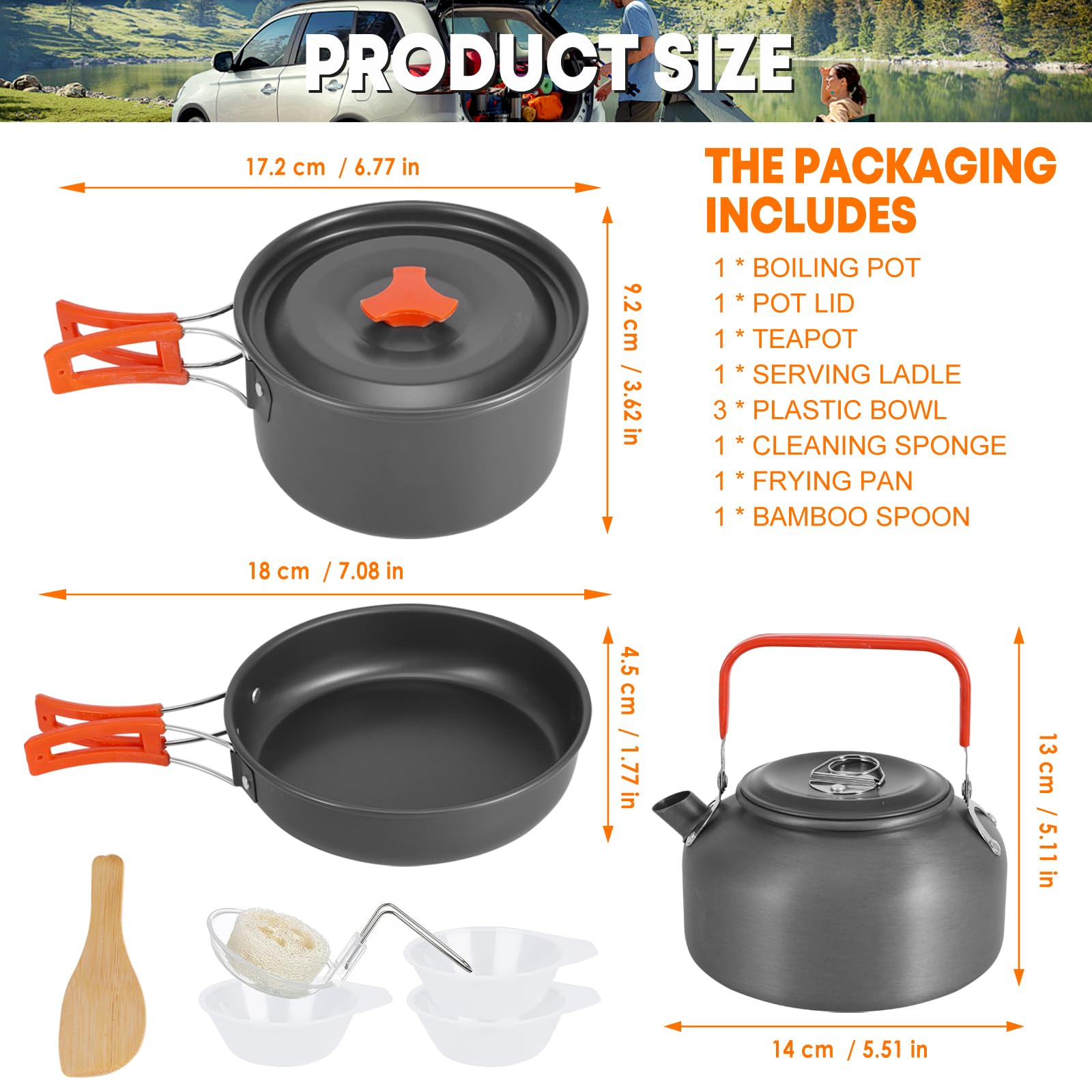 ALLOMN Set da cucina da campeggio, kit di pentole da campeggio portatile con teiera per escursioni, picnic, trekking, picnic, pesca, alpinismo, 1-2 persone