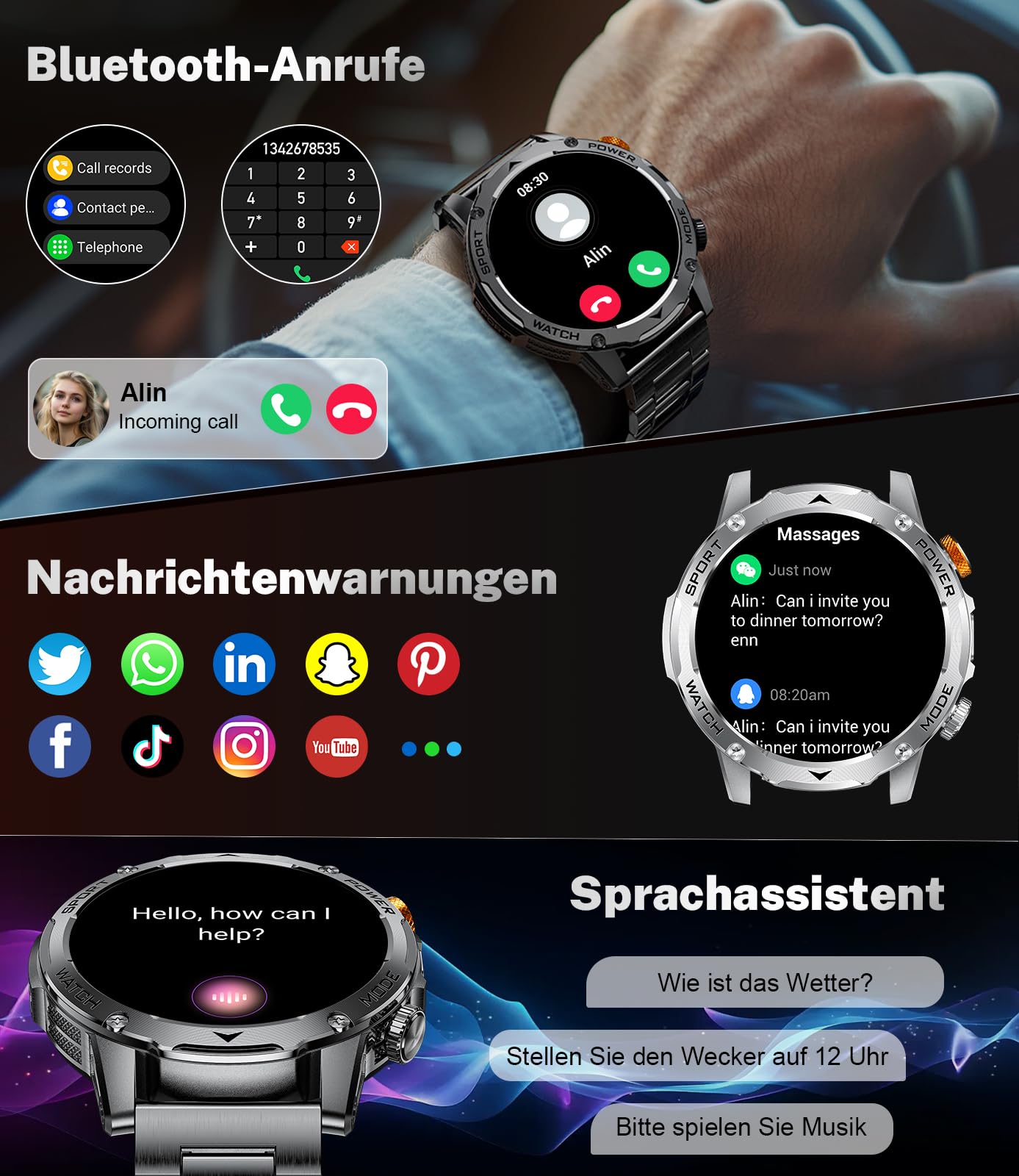 FITFLEX Smartwatch Herren, 1000mAh Akku/1.75'' HD Großes Display, Militar Smart Watch mit Bluetooth Anrufe/130+ Sportmodi/IP68 Wasserdicht Fitnessuhr mit Herzfrequenz, für Android iOS, Mattschwarz