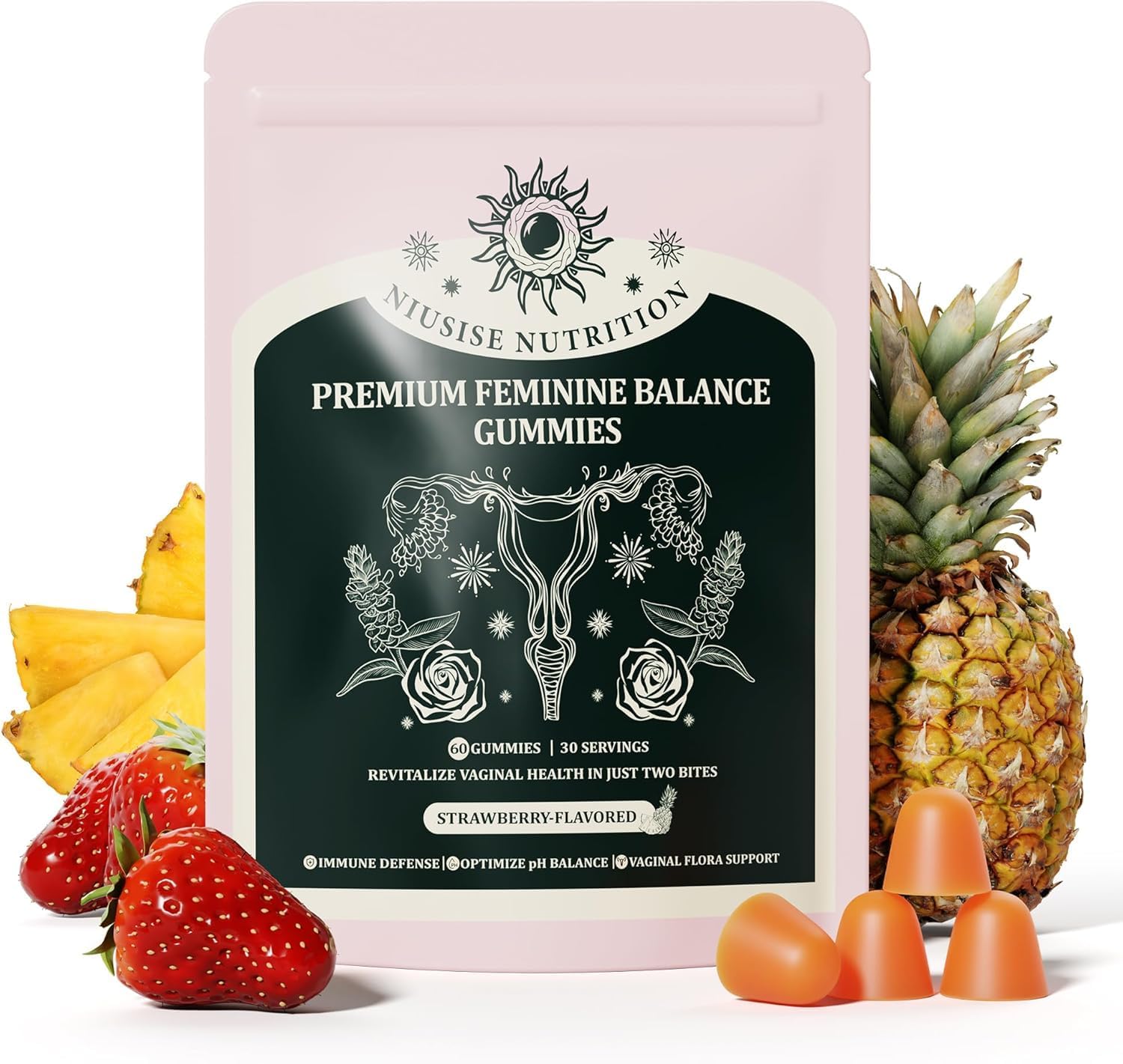 Feminine Balance Gummies, Premium Balance Supplement for Women PH Health, Immune Support, Energy Support, Vegan, Gluten-Free, Strawberry Flavor, Delicious 60 Gummies, 1 Pack 30 Servings