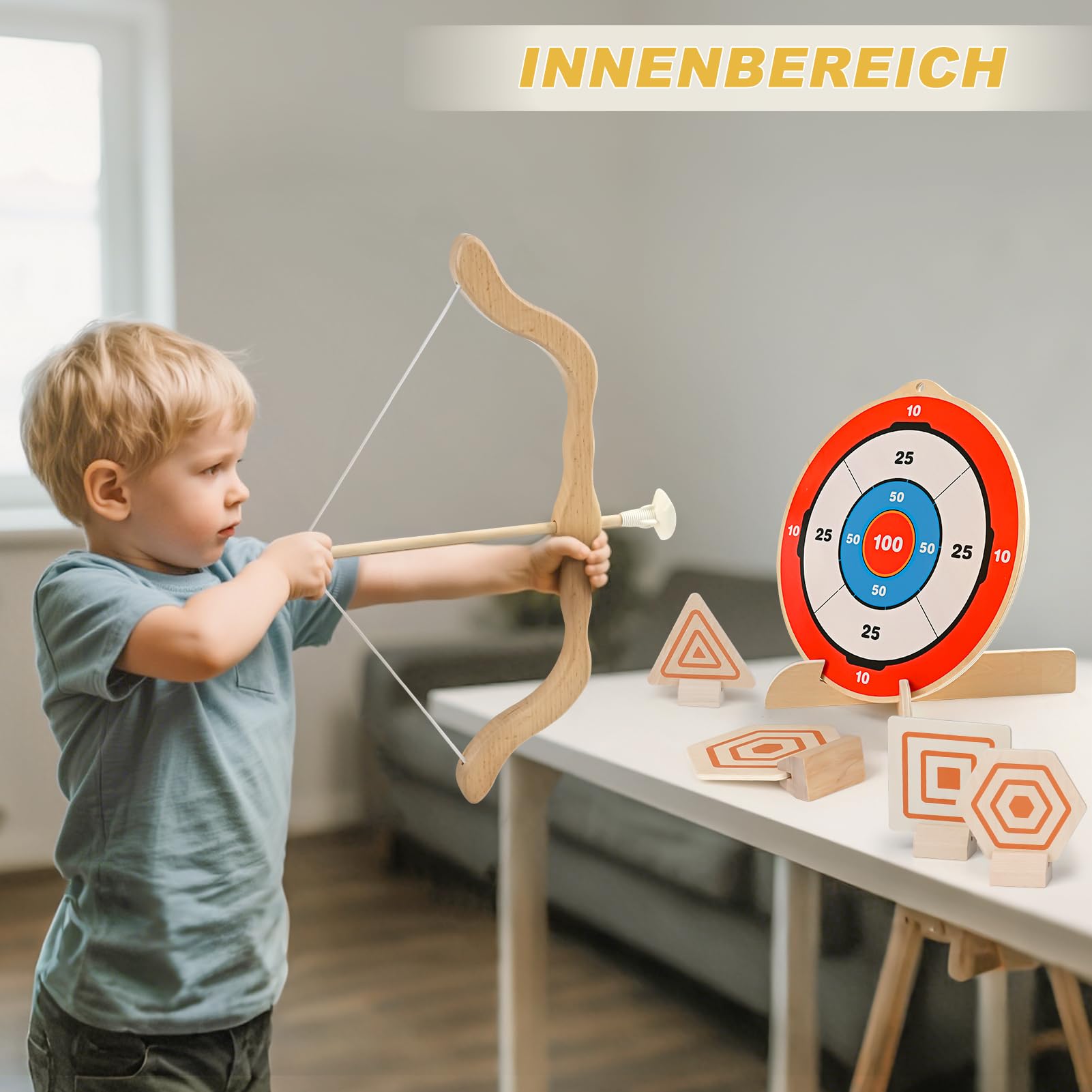 YIMORE Ensemble d'arc et flèches pour Enfants en Bois, Jouet de tir à l'arc avec 6 flèches à Ventouse, 1 Grande Cible, 4 Petites cibles et carquois, idéal pour garçons et Filles à partir de 3 Ans