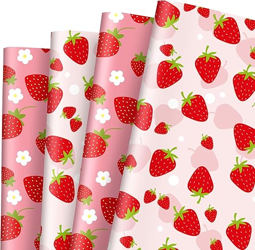 AnyDesign - 8 hojas de papel de regalo de fresa rosa, no enrollado, papel de regalo de fruta de primavera, papel de arte a granel plegado plano para