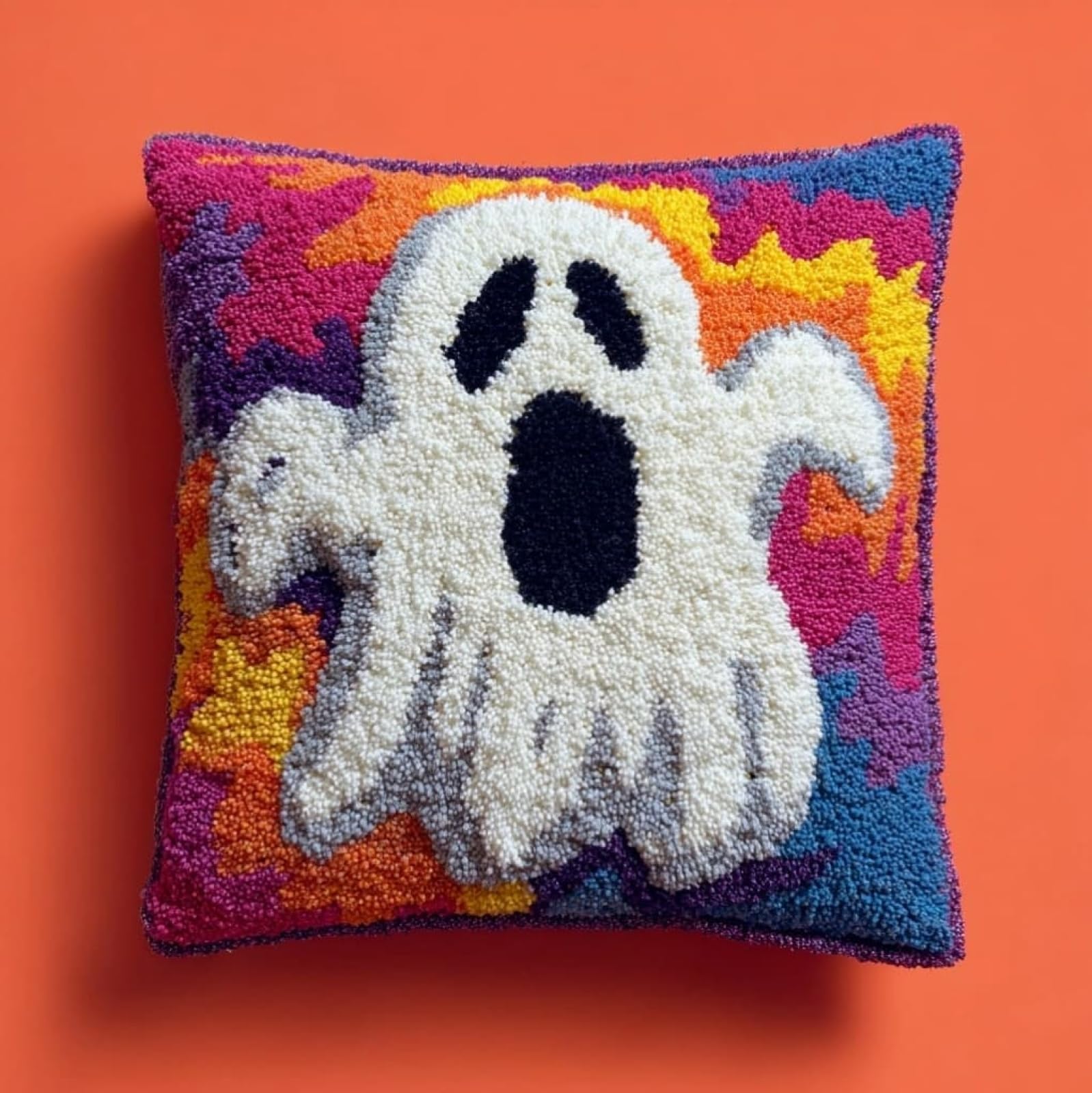 AxiangziK Latch Hook Pillow Kits with Yarn,Halloween Ghosts Complete DIY Cushion Making Craft Kits,43x43cm Latch Hook Adult Craft Kits for Women
