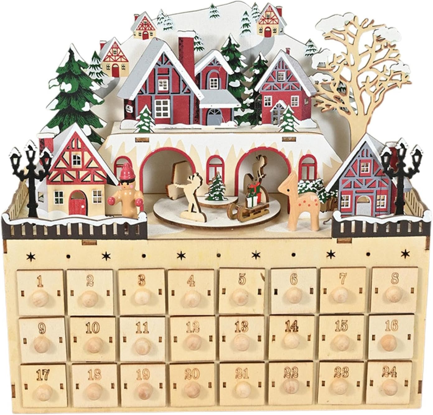 2024 Christmas Wooden Refillable Advent Calendar House with 24 Drawers, LED Lighted DIY Countdown to Christmas Calendar for Holiday Decoration,Christmas Gift for Children