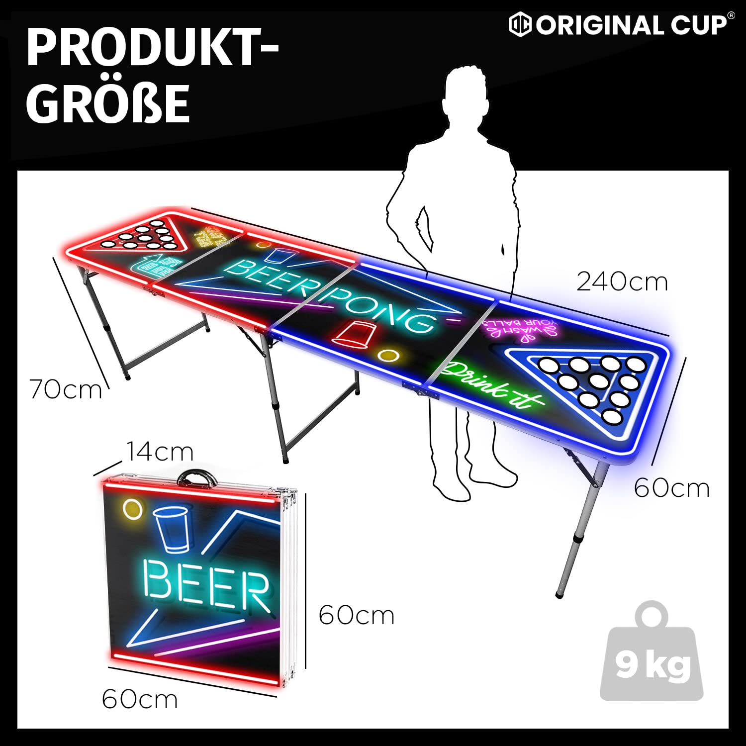 Beer Pong Offizieller Spotlightholes Tisch mit Löchern | Neonlicht | Premium Qualität | Offizielle Wettkampfmaße | Kratzfest und Wassergeschützt | Partyspiele | Trinkspiele | 100% Spaß | OriginalCup®