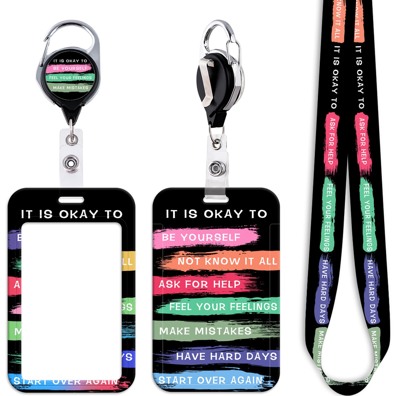 Black ID Lanyard Card Holder & Cool Heavy Duty Keychain Retractable Badge Holder Reel Clip Inspirational Quotes Neck Lanyard for Keys Name Tag for Men Women Kids Nurses Teachers for Work School ID — image 1