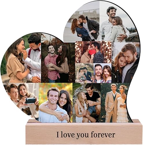 Miniatura 1 de Marco de fotos personalizado con collage de corazón, placa de madera con base para el día de San Valentín, boda, aniversario, cumpleaños, decoración