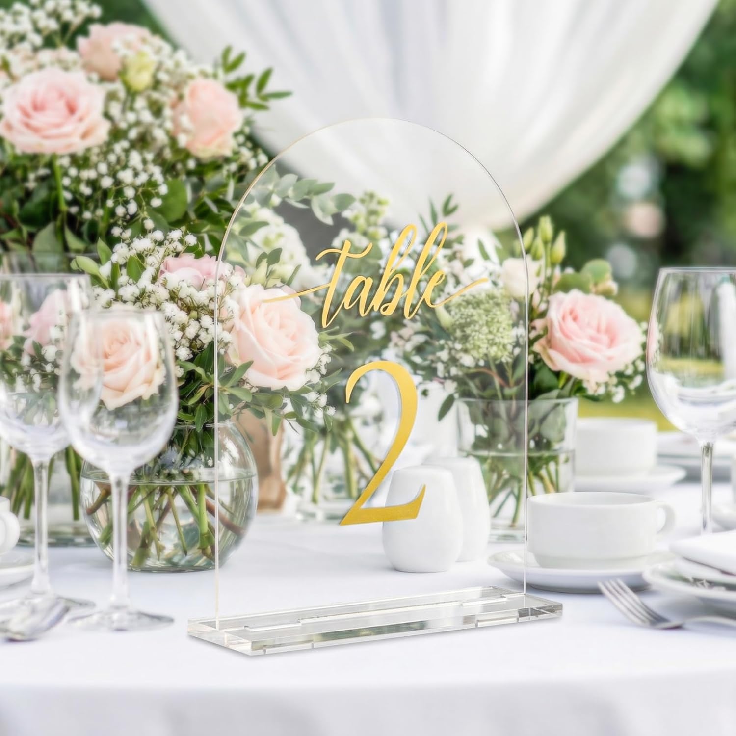 Arch Wedding Table Numbers 1-10 with Stands, 5.5 × 7 Inch Clear Acrylic Table Number Signs with Gold Numbers, Elegant Table Number Holders for Wedding, Anniversary, Birthday, Party, and Events