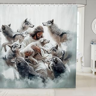 Manfei God and Lamb Kids Shower Curtains,Saving The Lost Sheep Western Bathroom Curtain,Bible Verse Spiritual Artwork Home Decor,White Gray Waterproof Curtains,12 Hooks Suits,72" W x 84" L