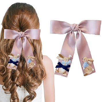 Easter Bunny Hair Bow Clip Bunny Hair Clips Rabbit Alligator Clips Hair Bow Barrette Long Grosgrain Ribbon Alligator Hairgrips Pink Easter Rabbit Pattern Headwear Hair Accessories for Kids Girl 1pcs