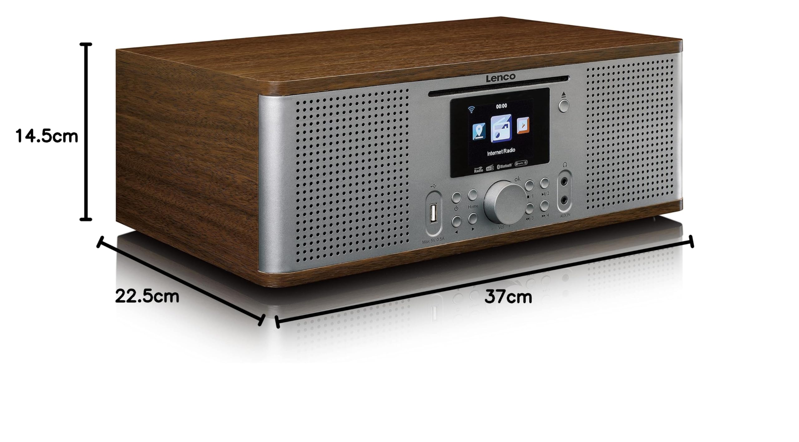 Lenco DIR-270 Radio Internet, DAB+, lecteur CD/MP3, Bluetooth, Spotify Connect, Wi-Fi, écran couleur 2,8", AUX, fonction réveil, 2 x 10 W RMS et télécommande, Bois/argenté