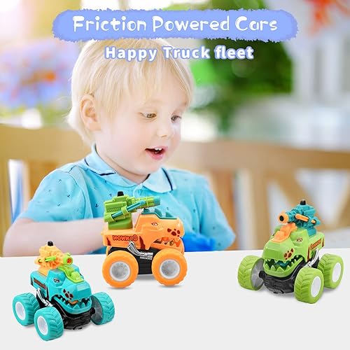 Miniatura 7 de Juguetes de catapulta de dinosaurio paquete de 3 autos Dinasour con tracción hacia atrás camiones de dinosaurio para niños pequeños juguete de