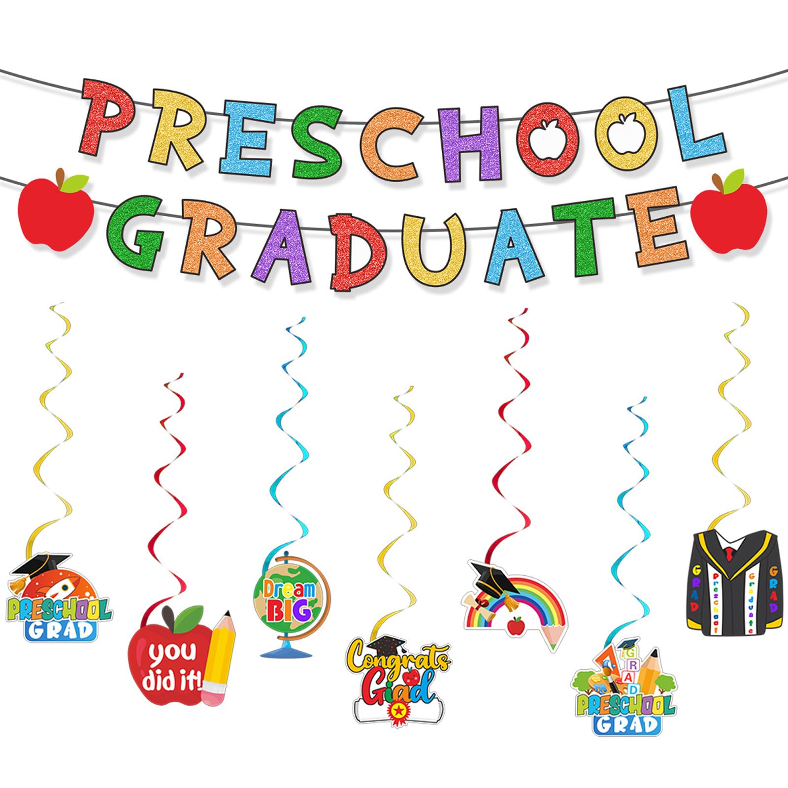 Graduation Decorations Banner Class of 2026 Preschool Graduation Prom Decorations Caps, Apples, Rainbows, And Joyful Confetti-Style Swirls Party Supplies Easy to Hang, Instant Festive Look