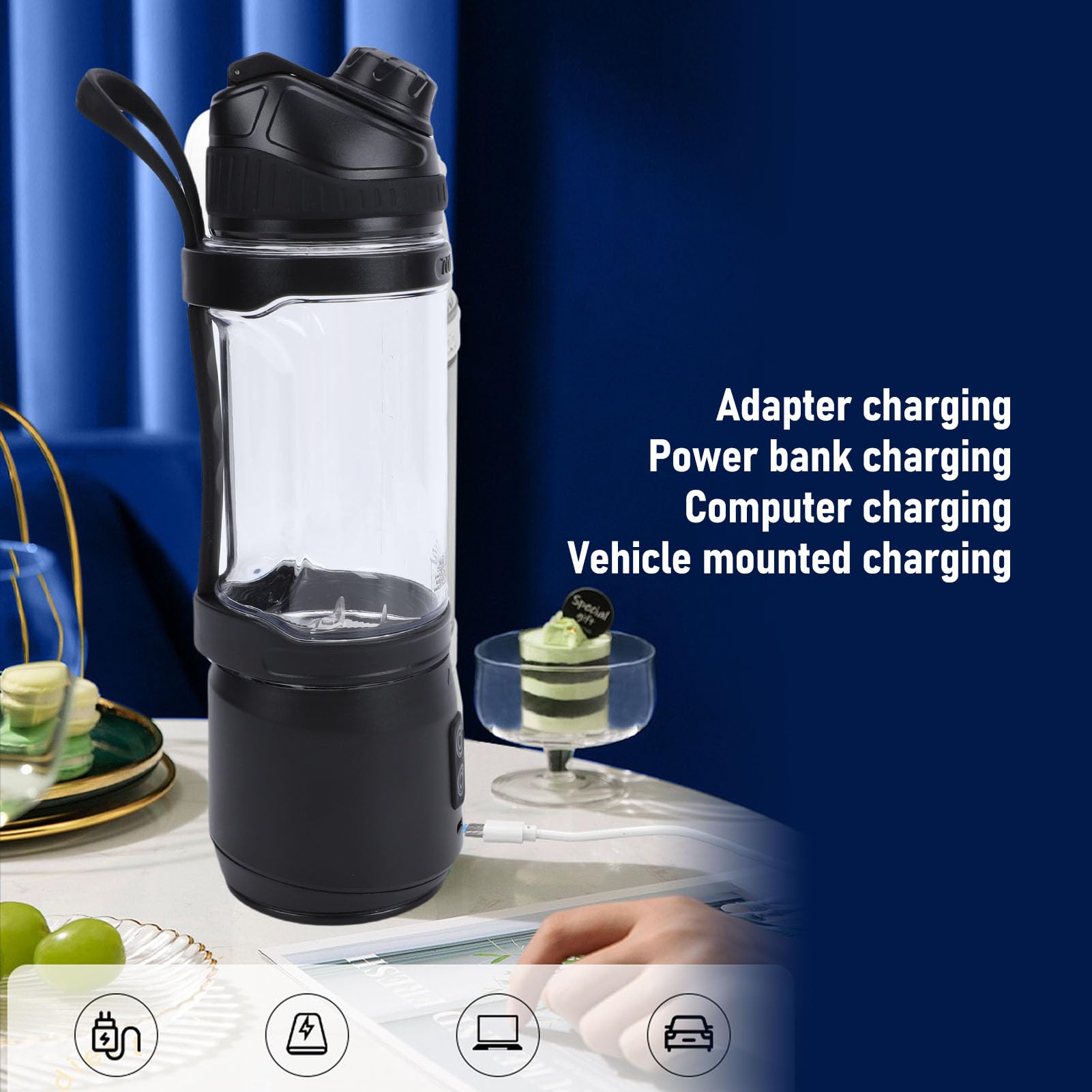 aqxreight Licuadora Portátil, Licuadora Personal Recargable por USB de 24 Oz y 240 W con Cortador Bidireccional para Batidos y Batidos, Tapa de Viaje, sin BPA, 3 Baterías de 2000 MAh, (700ML)