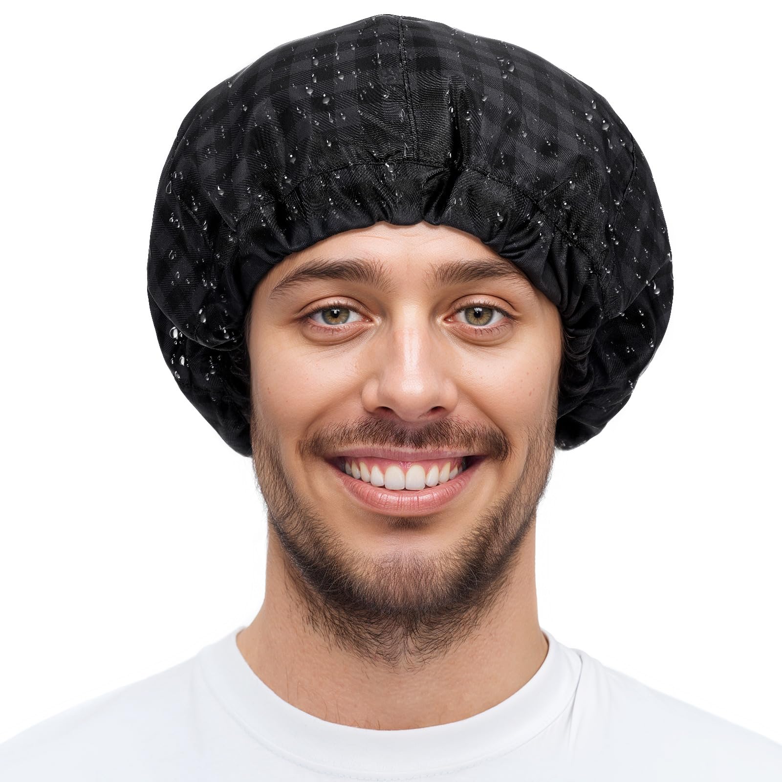Ymapinc Large Shower Cap Men, Reusable Waterproof Black Shower Cap, Adjustable Reversible Terry Lined, Elastic Band