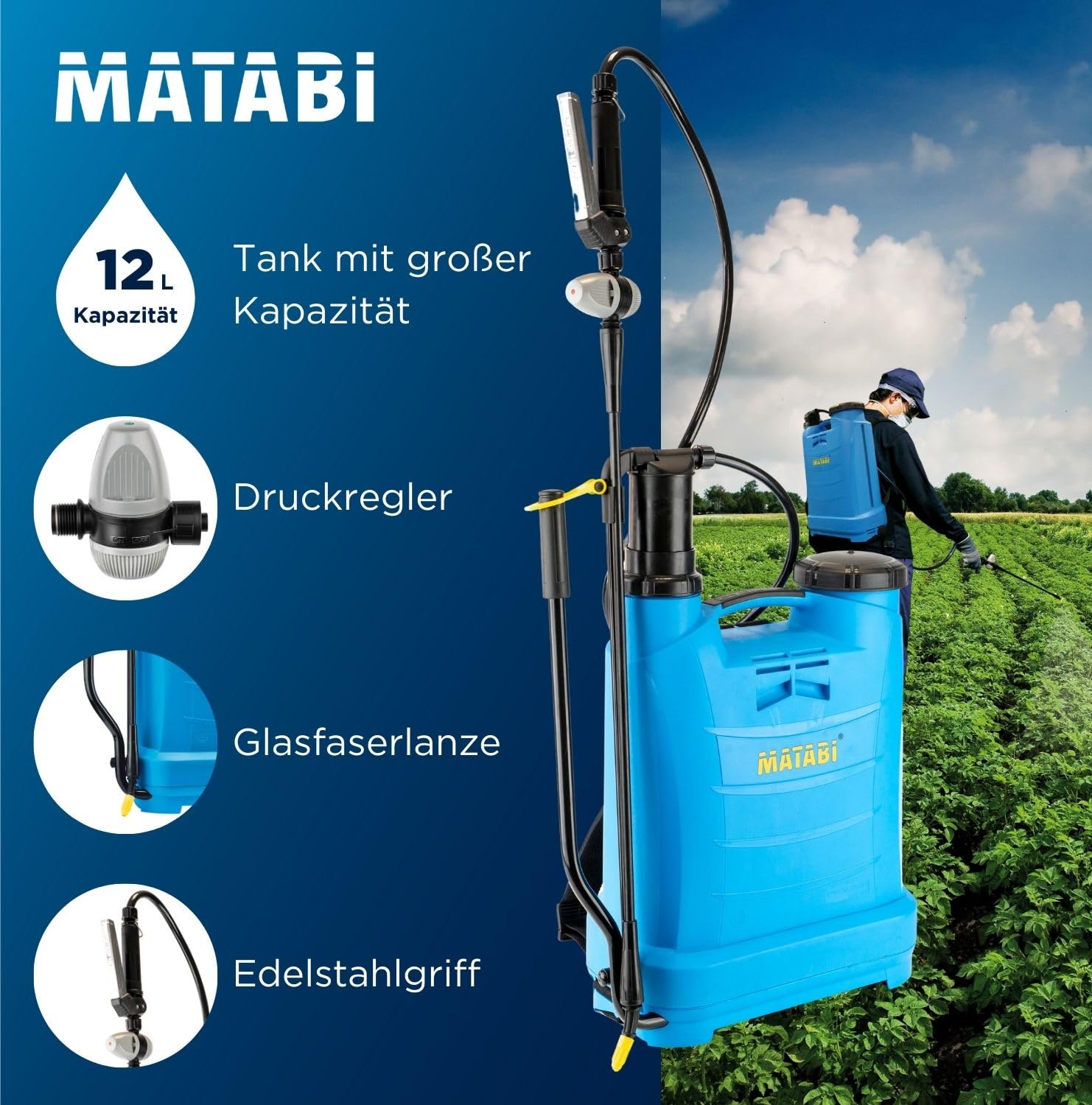 Matabi Evolution 12 - Drucksprüher 12 l - Druckregler, Edelstahlgriff | Manuelle Rückenspritze für Herbizide und Insektizide - Glasfaserlanze - 1,3 m Schlauch - Düsenset