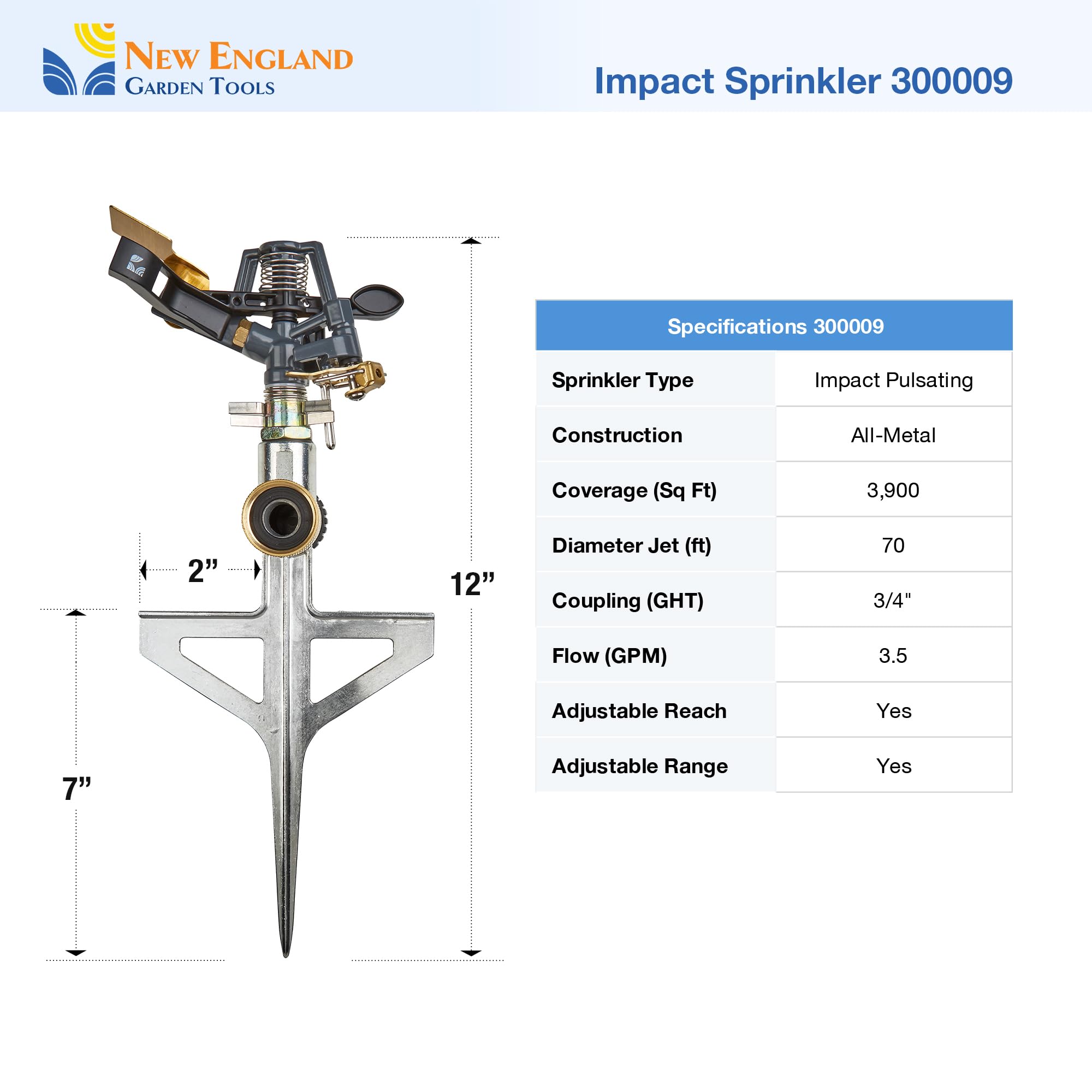 Aspersor de impacto pulsante para césped 300009, de servicio medio en estaca grande, ajustable a 360 grados New England Garden Tools