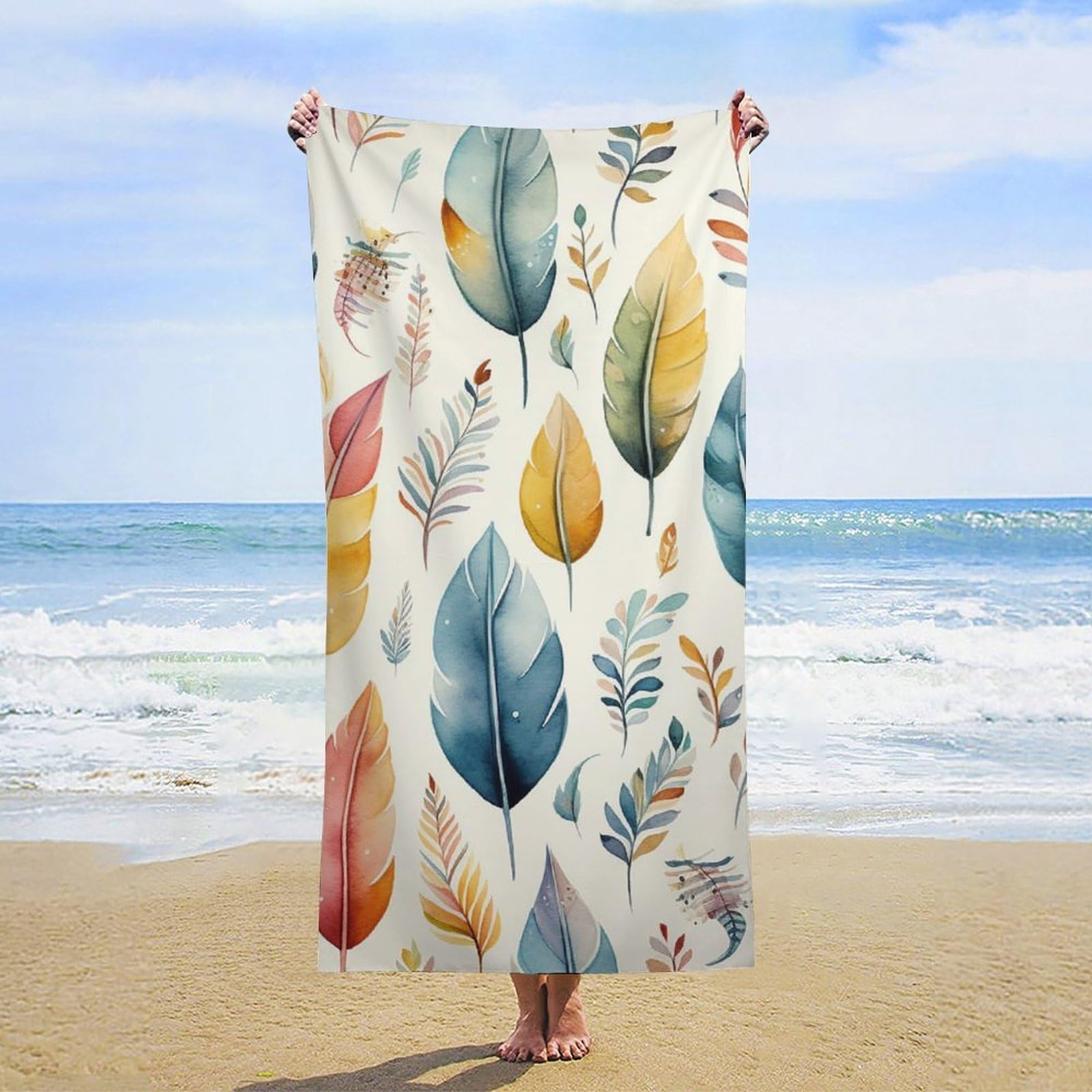 NTVOWPZO Feathers and Leaves Beach Towel Oversized Microfiber Bath Towels Lightweight Sand Proof Beach Towels Absorbent Pool Towels for Swimming Yoga Bathroom Towel 31.5" X 63"