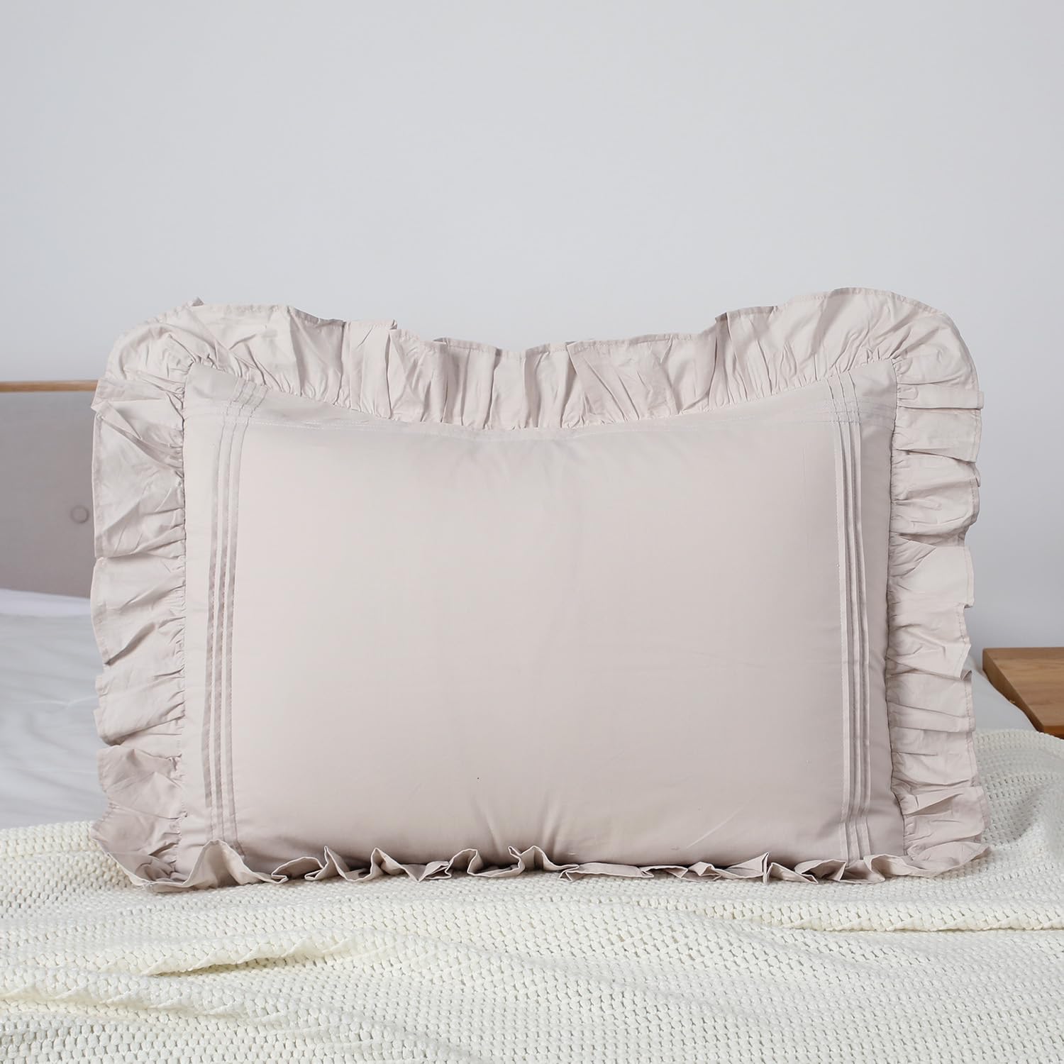 Ruffled Pillow Shams Linen Natrual Beige Standard Set of 2 Lace Pillowcases Oatmeal Shabby Chic Cotton Farmhouse Camel