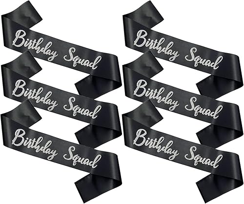 Banda de escuadrón de cumpleaños, 6 piezas negras con purpurina plateada, juego de bandas de regalo de cumpleaños para mujeres, divertidos recuerdos