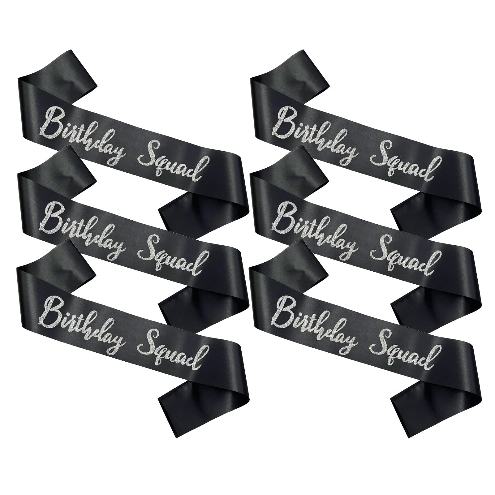 Birthday Squad Sash, 6 Pieces Black with Silver Glitter Letter Birthday Gift Sashes Set for Women Funny Party Favors Decorations for 13th 16th 18th
