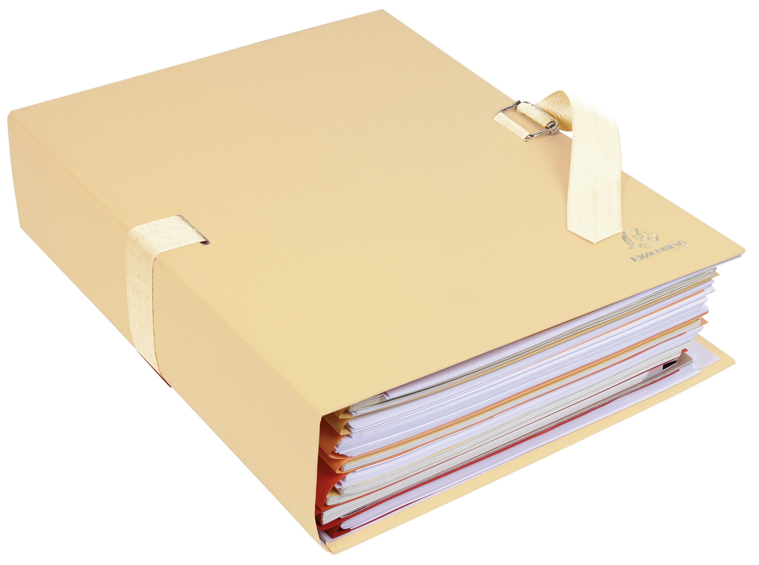Exacompta - rif. 370E - cartone da 10 cartellette con dorso estensibile in carta telata colorata - dorso estensibile fino a 13 cm - chiusura con cinghia - dim 24X32 cm - per formato A4 - col. mastice