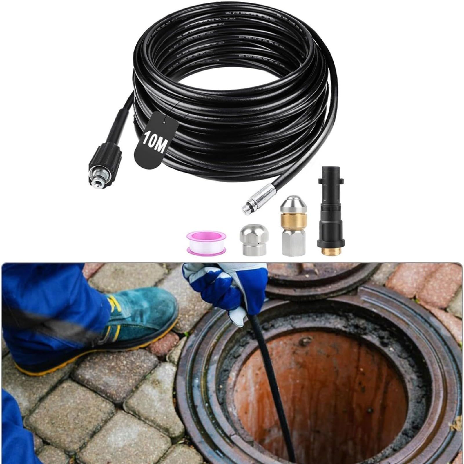 Kit de manguera de limpieza de tuberías de 10 m, incluye adaptador de boquilla giratoria y cinta de sellado para tareas de mantenimiento de drenaje de lavadora a presión de 180 bar