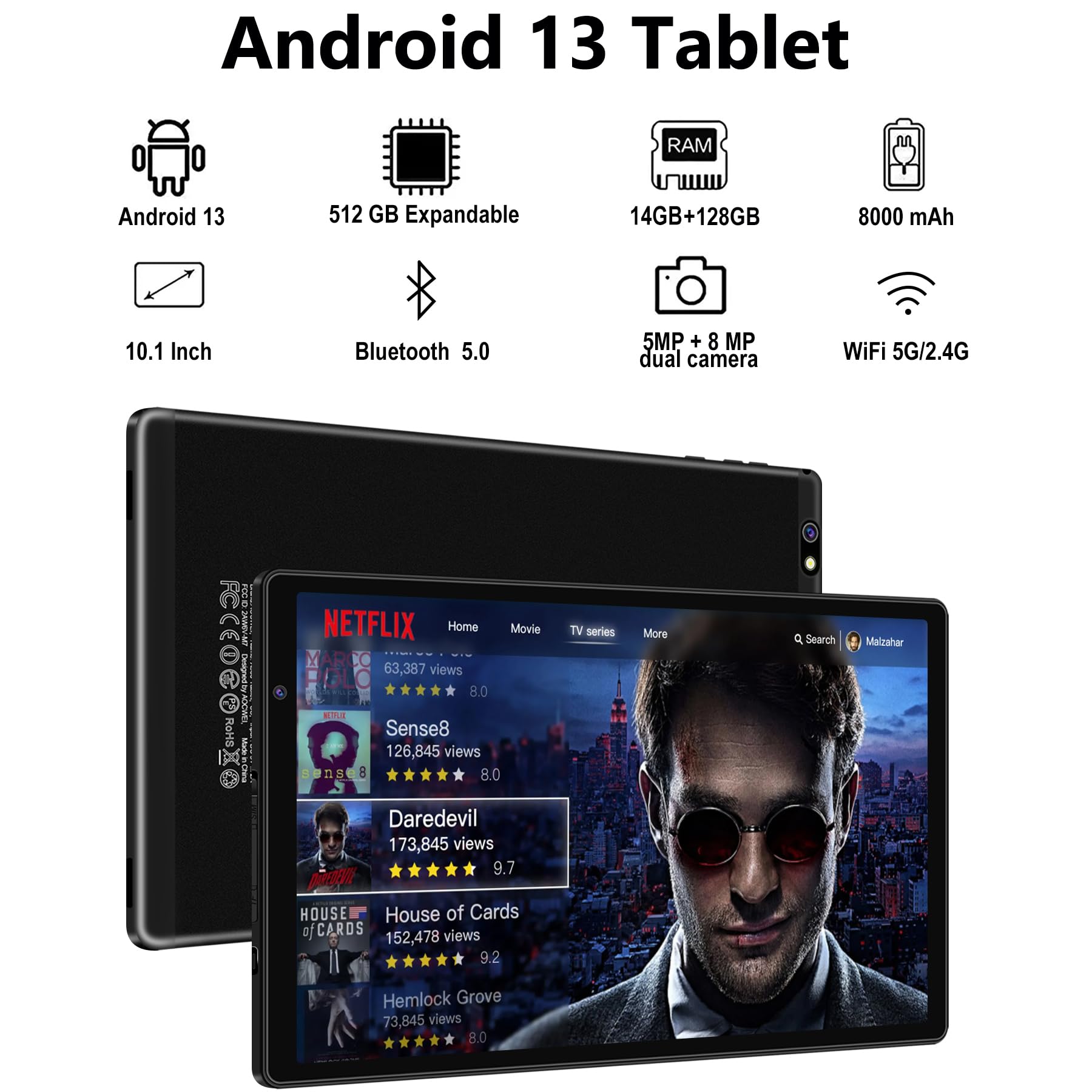 AOCWEI 10 Zoll Kinder X500 Kids Tablet, 14GB+128GB (512GB TF) Android 13 Tablet for Kind mit Kindgerechte Hülle, Octa-Core, 5GWIFI,5MP+8MP Kamera, Google GMS, 8000mAh Eva Schutzhülle-Blau