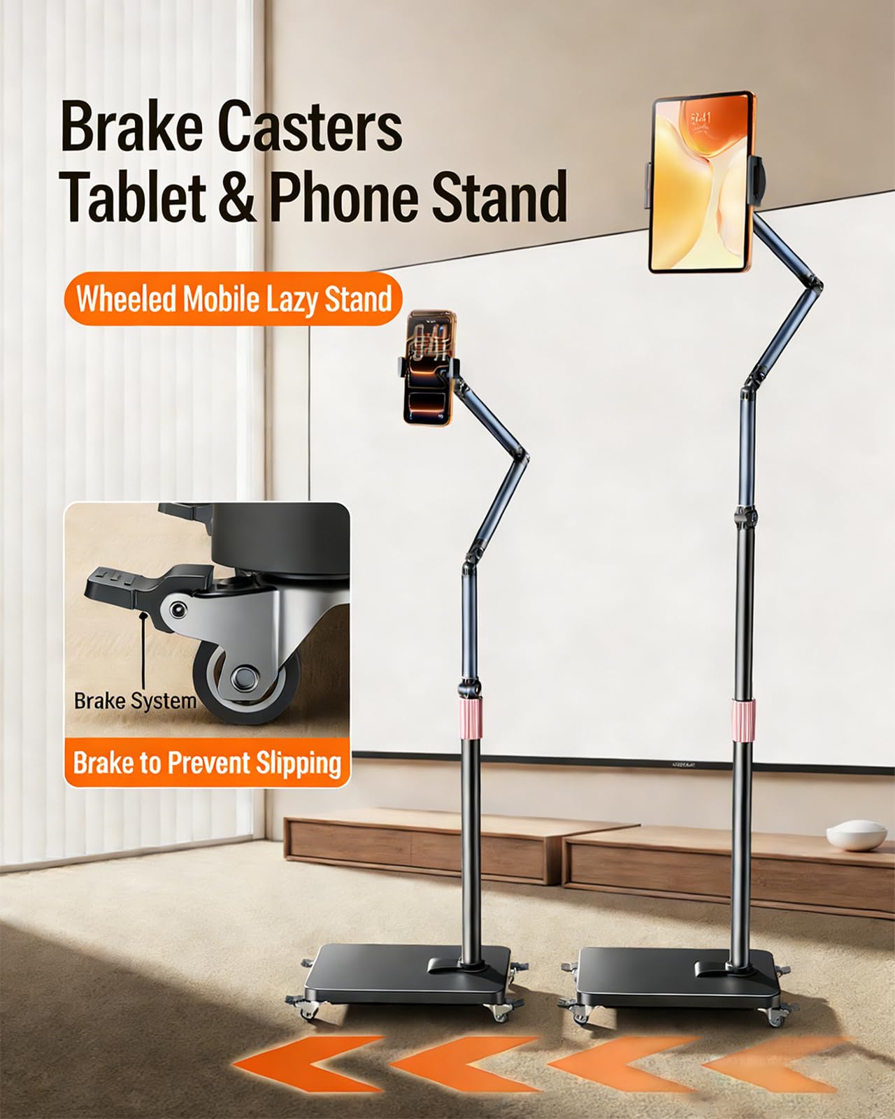 Soporte de Piso para Tableta, Soporte para Tablet con Brazo Ajustable de 720° con Patines con Freno de Pie de 360°, Chasis Reforzado, Soporte para Teléfono con Brazo Mecánico de 3 Secciones para Table