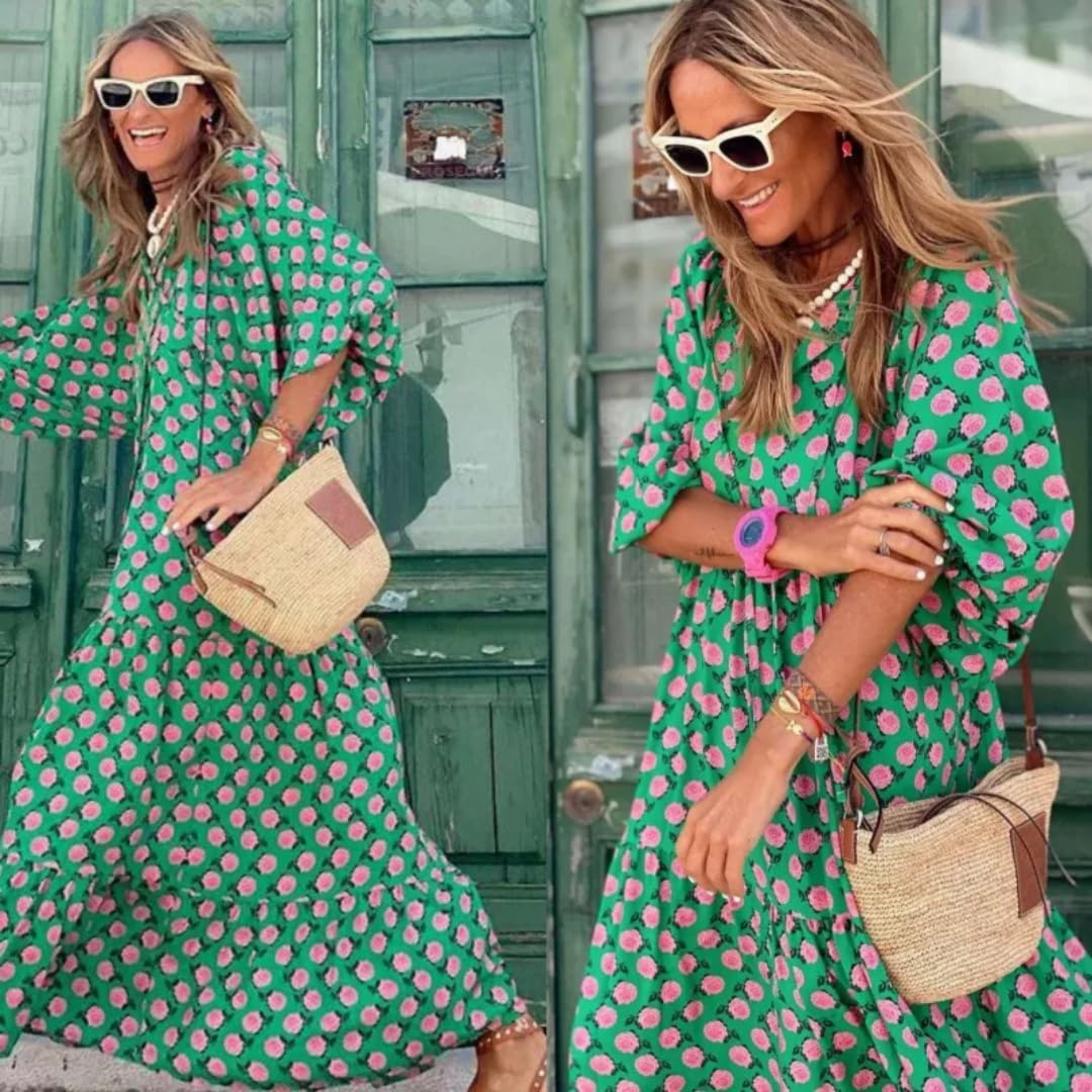 Vestido Largo de otoño de Mujer con Escote en Pico, retalches geométricos de Mangas abullonadas, Vestido Estampado Ropa de Mujer de Calle