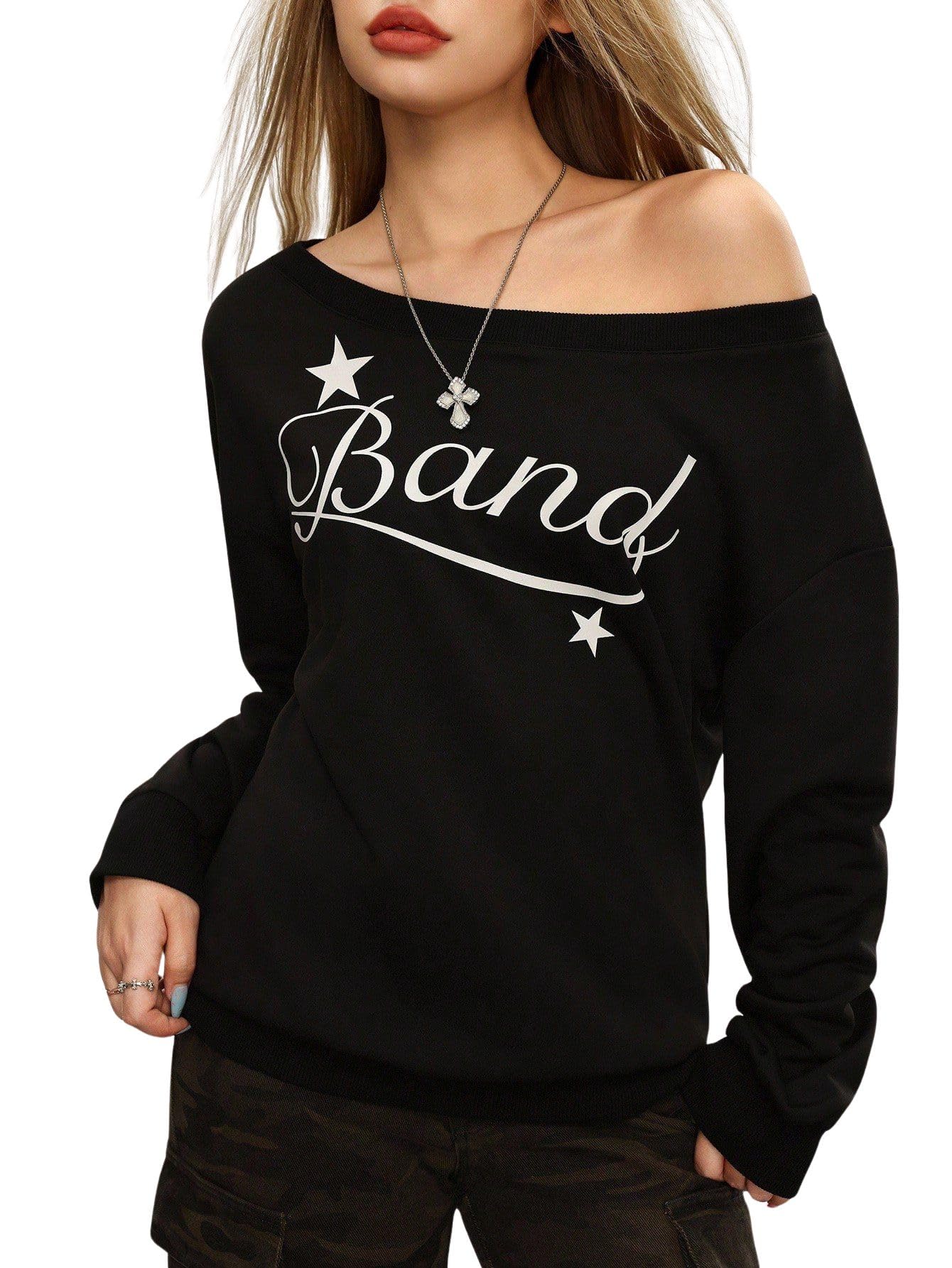 sxv style Band Printed Women's Casual Letter Print Asymmetric Collar Sweatshirt-picture-20