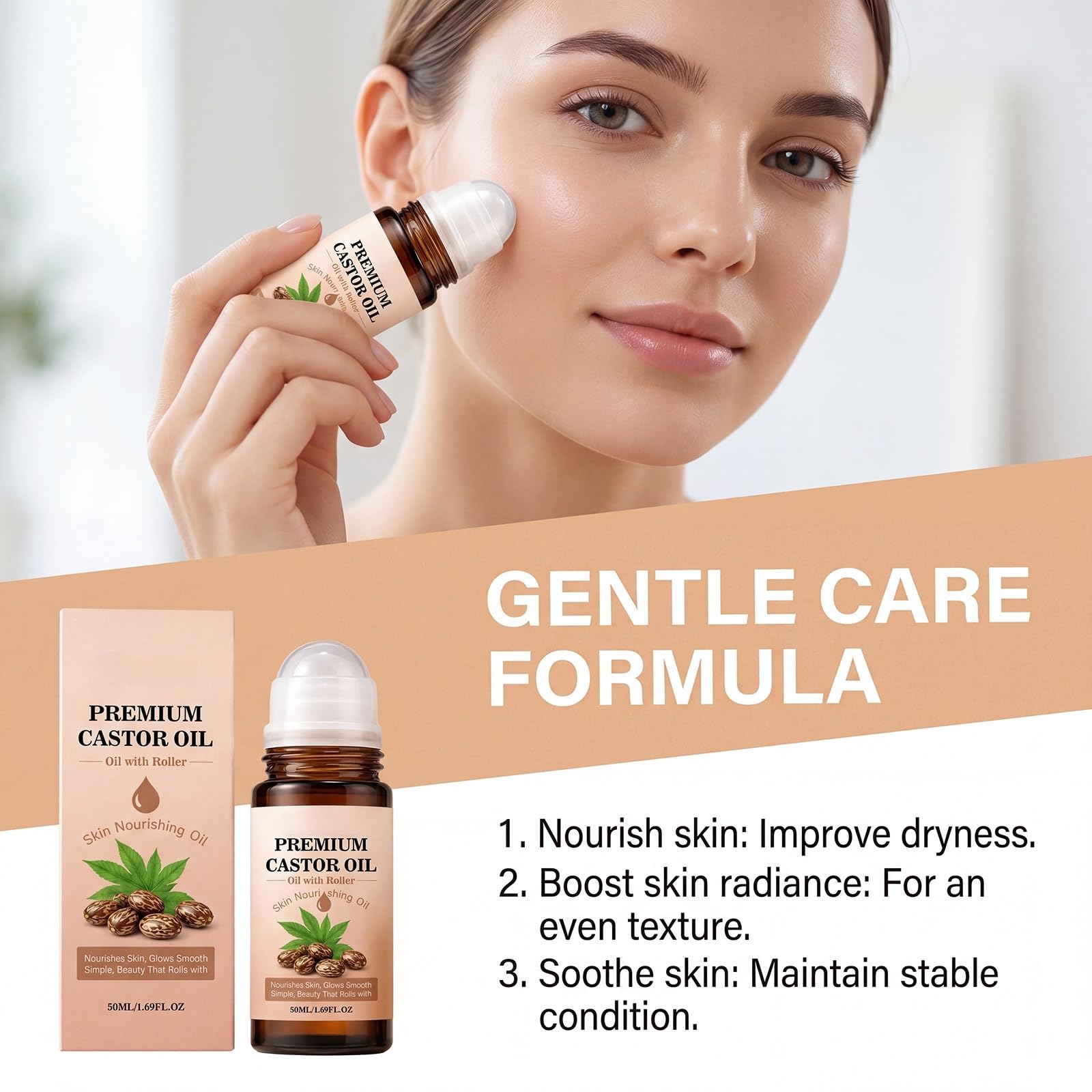 Wałek do masażu z różowego kwarcu z organicznym olejem rycynowym, w 100% czysty, tłoczony na zimno, dla grubszych rzęs i brwi. Łatwa aplikacja na drobne linie, zmarszczki i obrzęki (6 szt.)