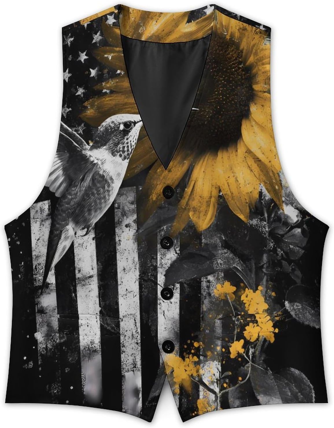 U.S. Hummingbird Sunflower Men Formal Suit Vest V-Neck Button Waistcoat for Business Wedding