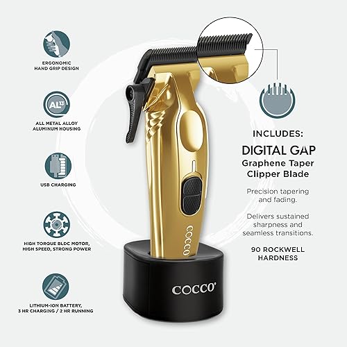 Miniatura 4 de Cocco Veloce Pro Clipper, Digital Gap Ambassador Graphene Taper Blade Profesional Clipper, Motor BLDC de alto par, totalmente metálico, inalámbrico,