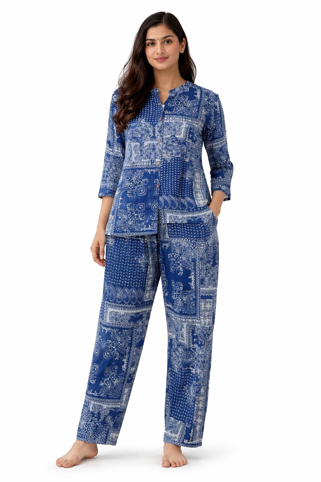 Women's Blue Paisley Patchwork Print Cotton Nightsuit, 3/4 Sleeve Top with Pyjama Set-picture-14