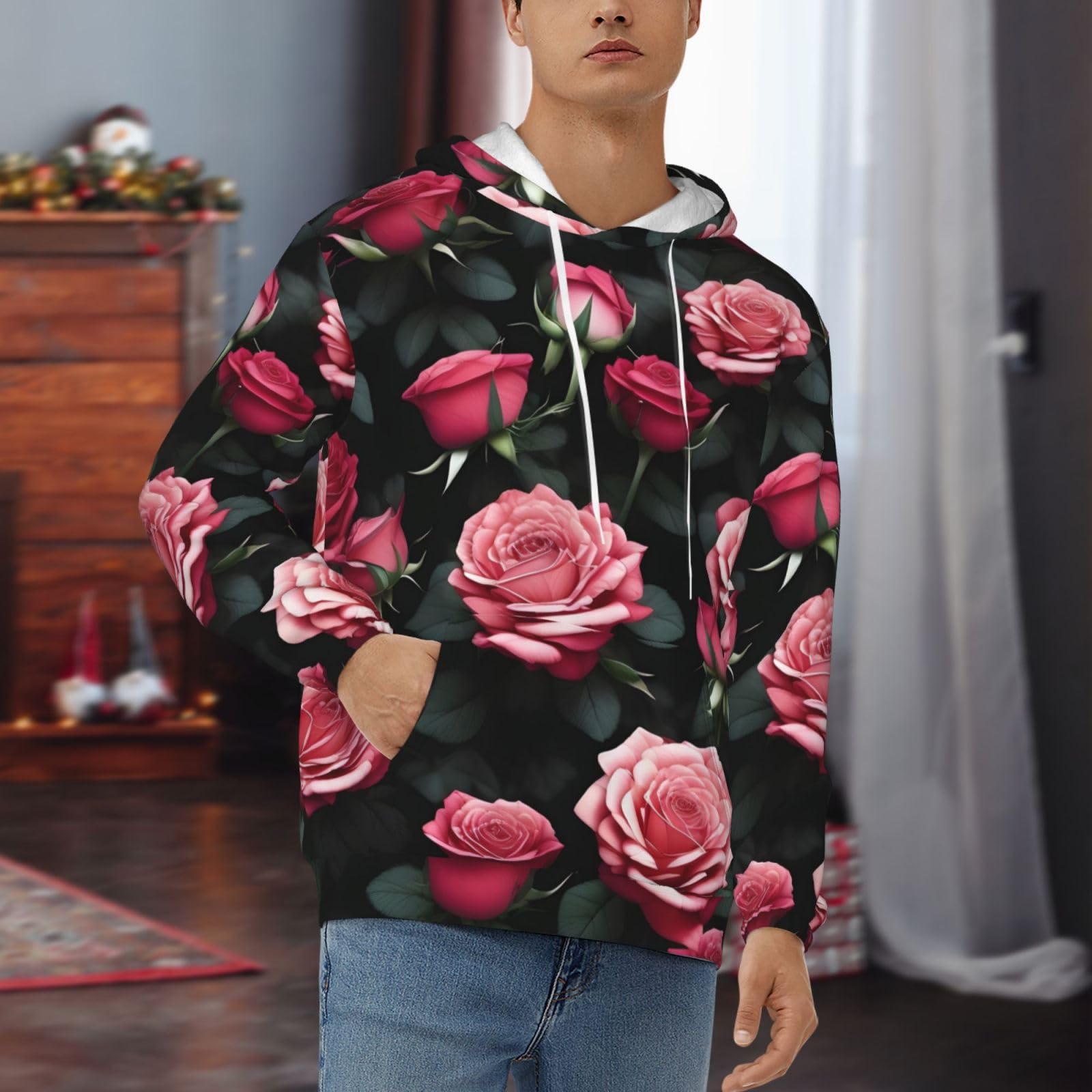 Męska bluza z kapturem z kwiatem róży z wieloma nadrukami, casualowa grafika z nadrukiem bluzy z kapturem z kieszenią