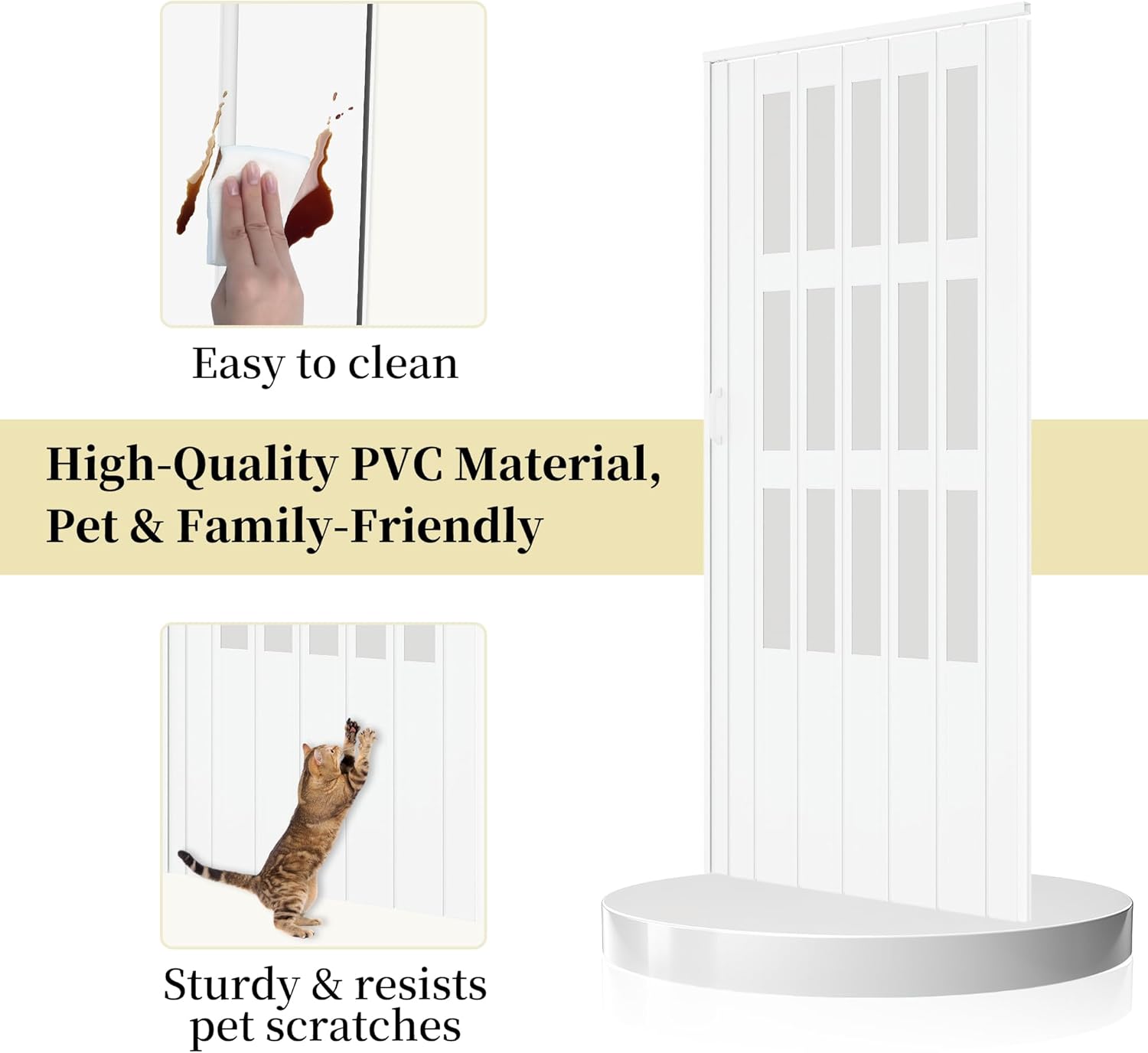 36" x 80" Enhanced Accordion Doors Interior with 3 Frosted Acrylic Panel, Accordion Door for Doorway Hardware Kit Included, PVC Interior Folding Doors with 2 Handles for Closet Bathroom Doorways