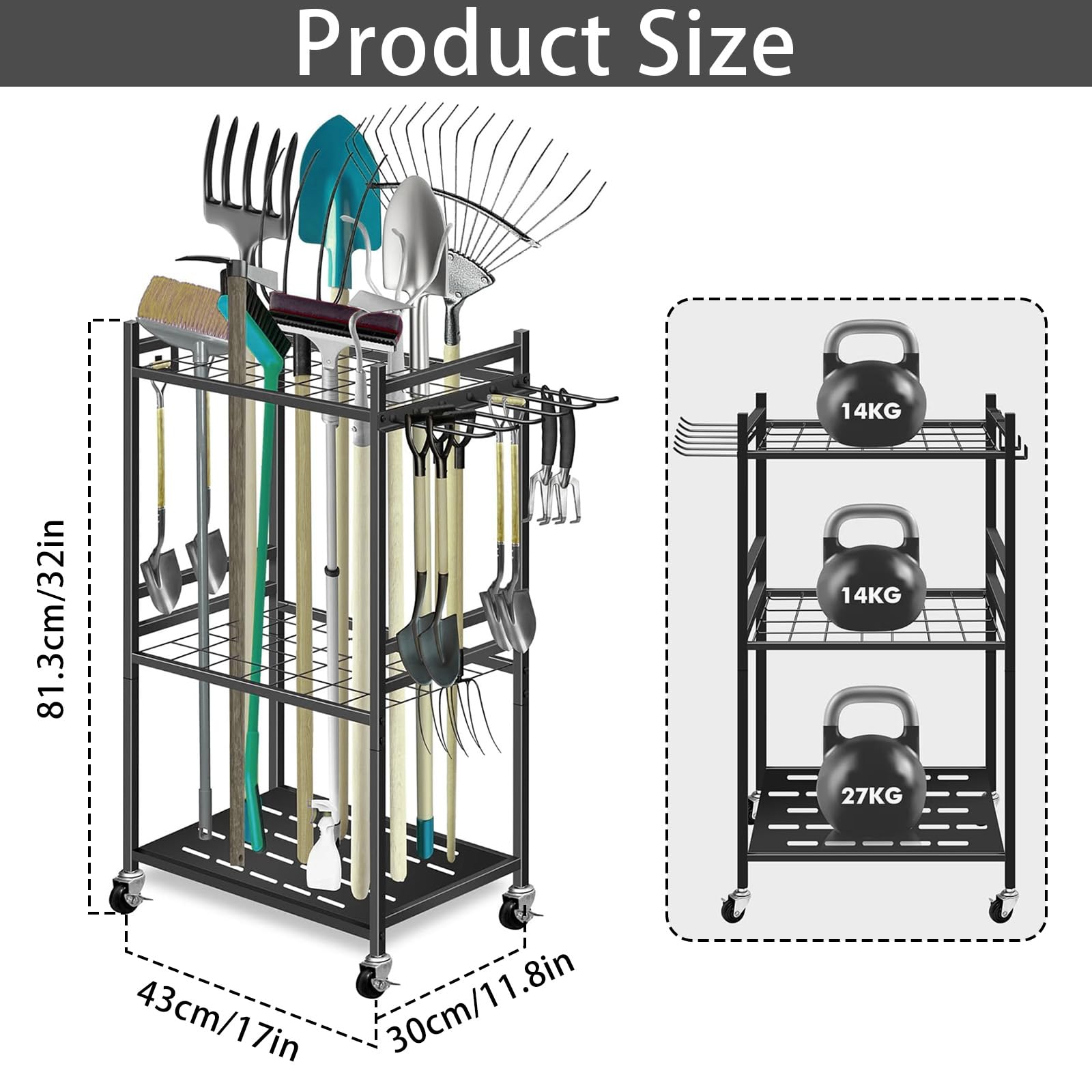 Porta Attrezzi, Porta Attrezzi da Giardino con Ruota Universale 43 x 30 x 81,3 cm Porta Scope Nero con 6 Ganci Laterali Lunghi e 3 Ganci Portaoggetti per Garage Giardini Capannoni