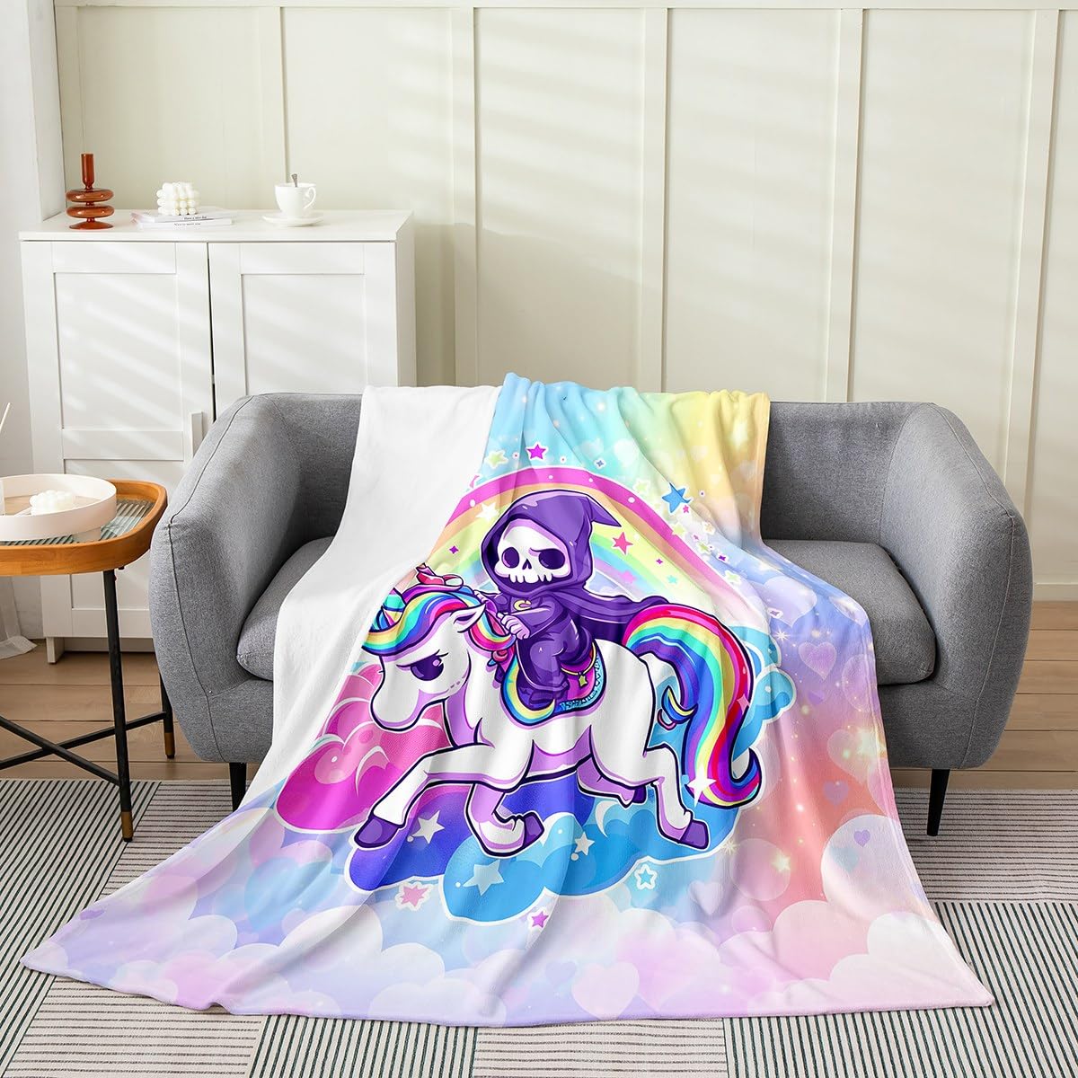 Happy Halloween Bed Blanket All Seasons,Cartoon Ghost Cute Unicorn Flannel Blanket for Room Decor,Watercolor Cloud Rainbow Fleece Blanket for Kids,Super Soft Blanket,Twin 60