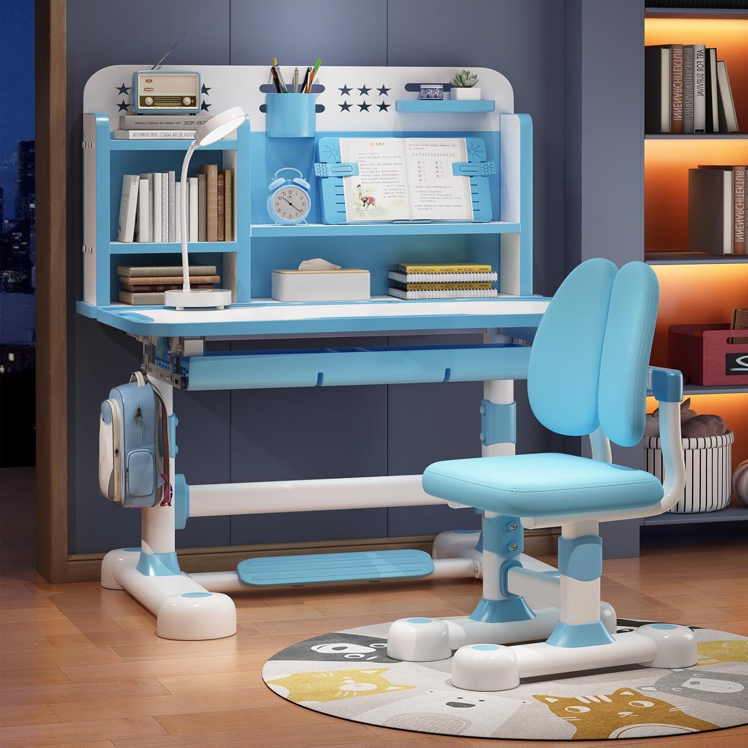 Kinder Tisch Stuhl Set, Höhenverstellbare Kinder Schule Studie Tisch Stuhl Set mit sitzenden Korrektor, Ergonomischer Schreibtisch Stuhl mit Buch Stand, Fuß Pedal, kinderschreibtisch (Blau 2)