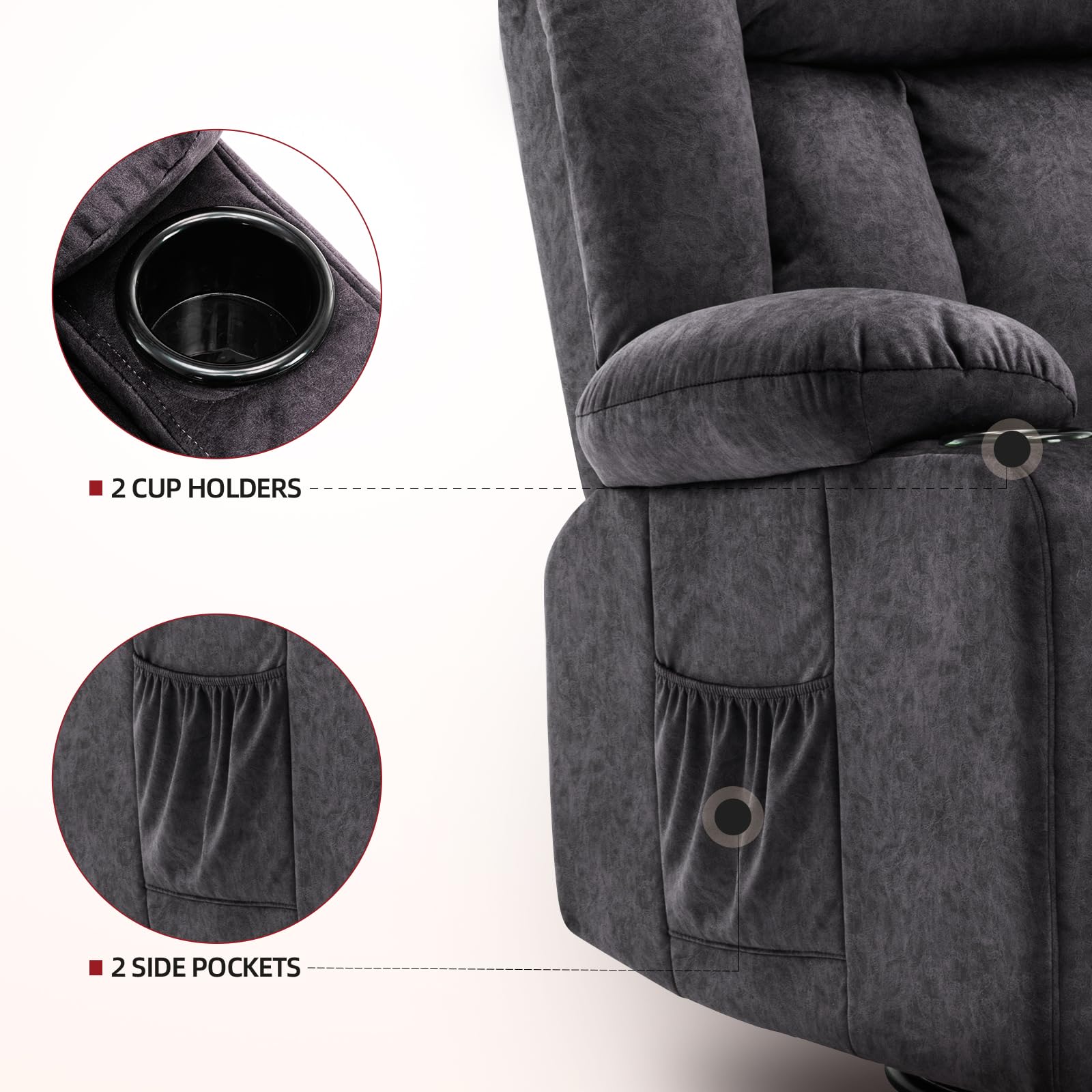 COMHOMA Sillón Reclinable Manual Giratorio para Adultos con Respaldo y Reposapiés Ajustables, Silla de 360° para Salón, Portavasos, Bolsillos Laterales, Tejido Suave, Soporte Ergonómico, Gris