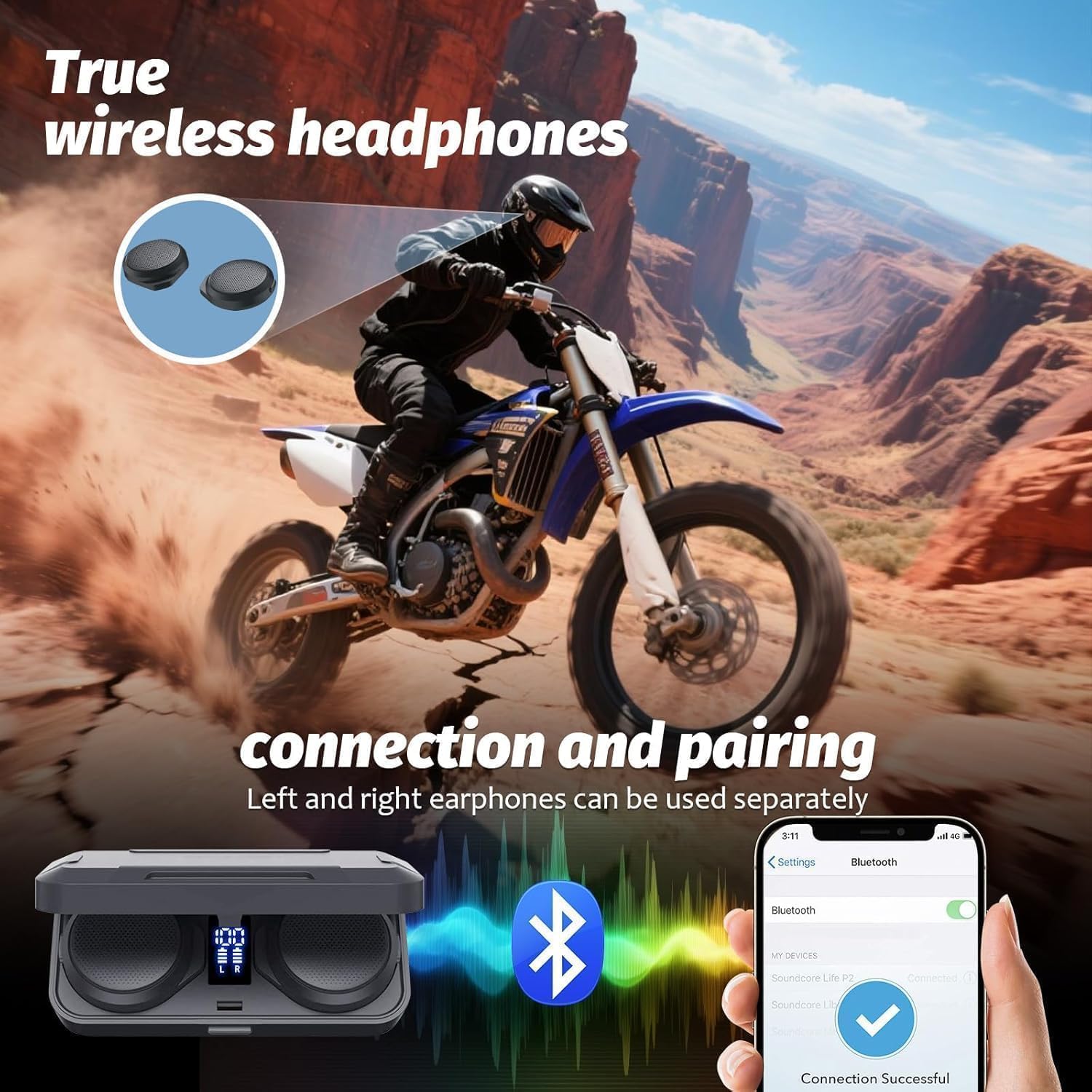 OBEST TWS - Cuffie Bluetooth per casco da moto, senza fili, con custodia di ricarica, Bluetooth 5.3 & ANC, cancellazione attiva del rumore, batteria da 1900 mAh, lunga durata, facile montaggio con